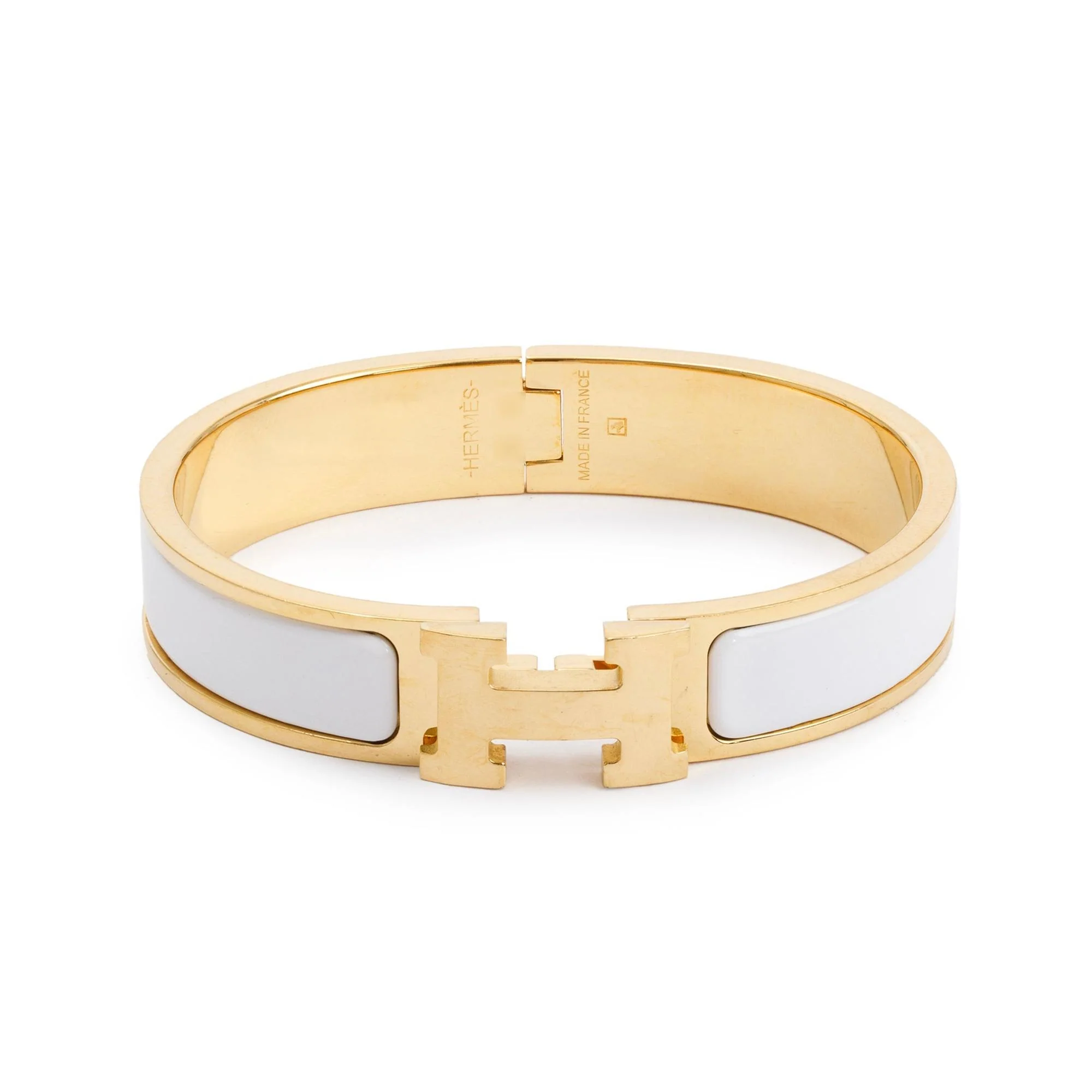 Hermes Gold-Plated White Enamel 12 MM Clic H Bracelet w/ Box