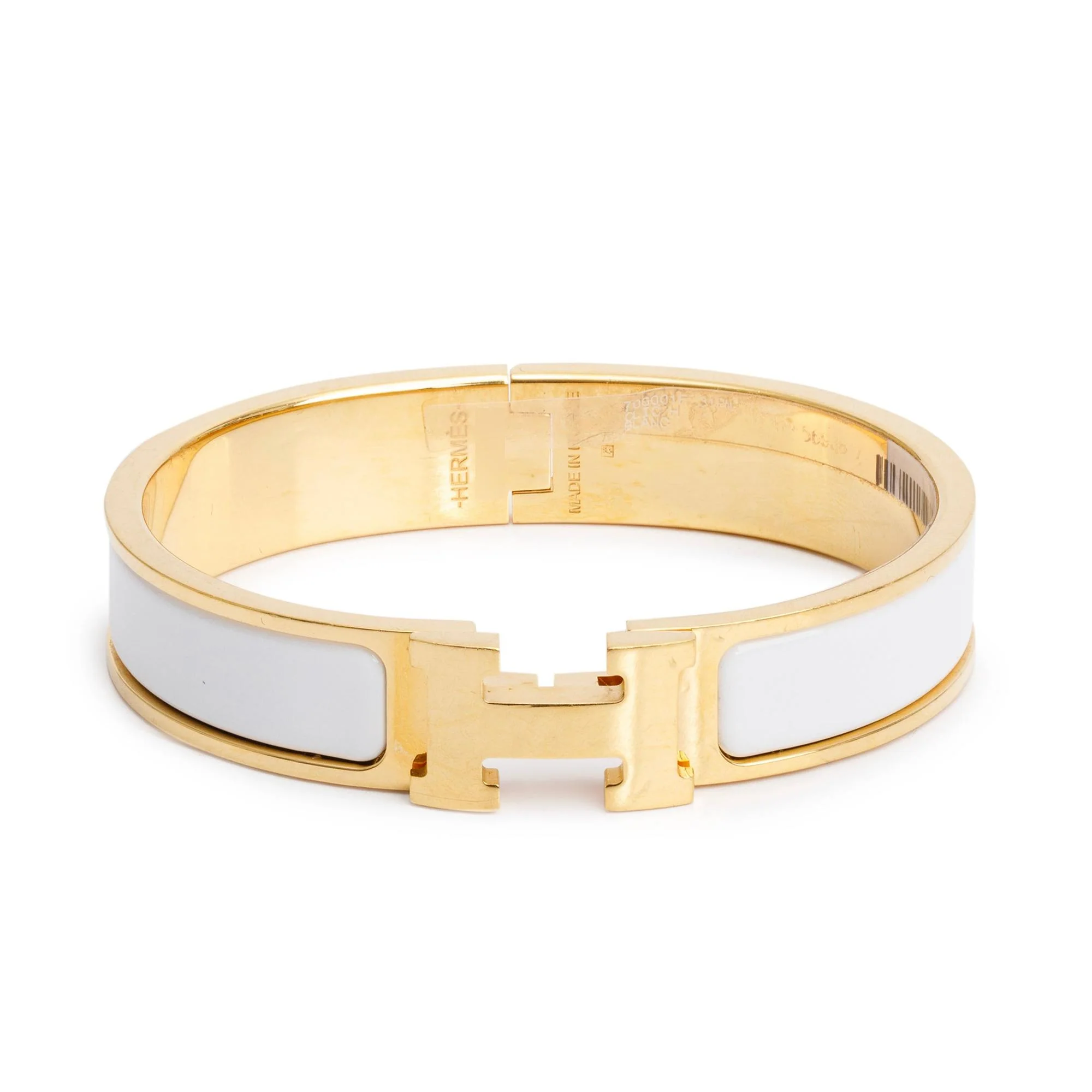 Hermes Gold Plated White Enamel 12 MM Clic H Bracelet w/ Box