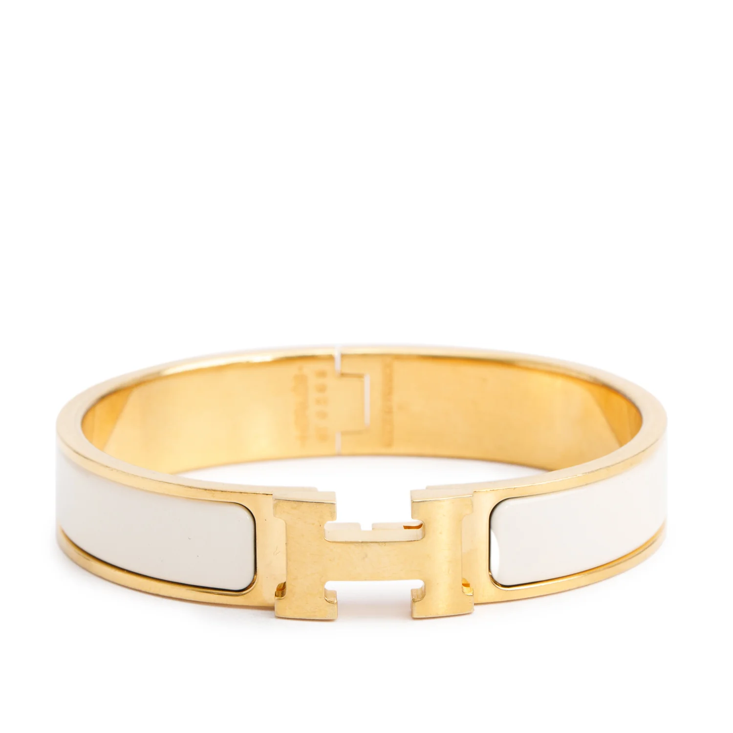 Hermes Gold Plated White Enamel 12 MM Clic H Bracelet w/ Box