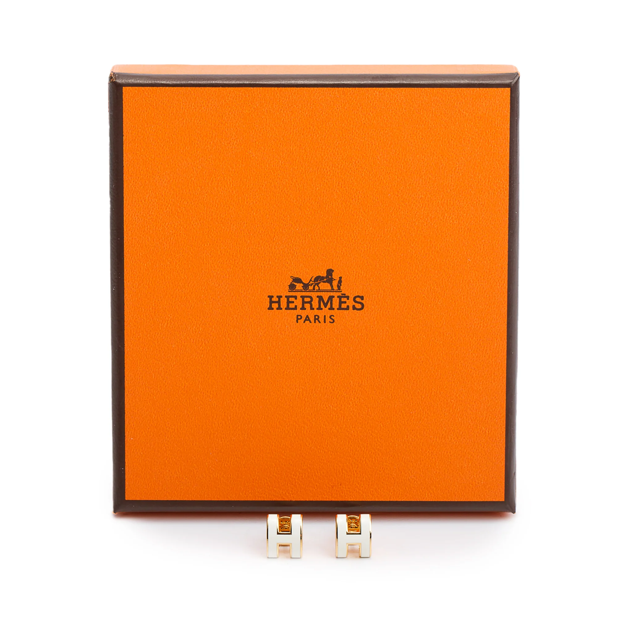 Hermes Gold Plated White Lacquered Mini Pop H Earrings w/ Box - Image 2