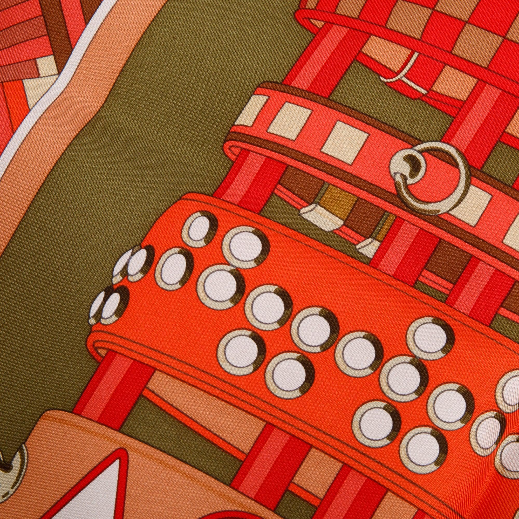 Hermes Kaki/Corail/Rouge 'Colliers De Chiens' Silk Scarf 90 w/ Box - Image 4