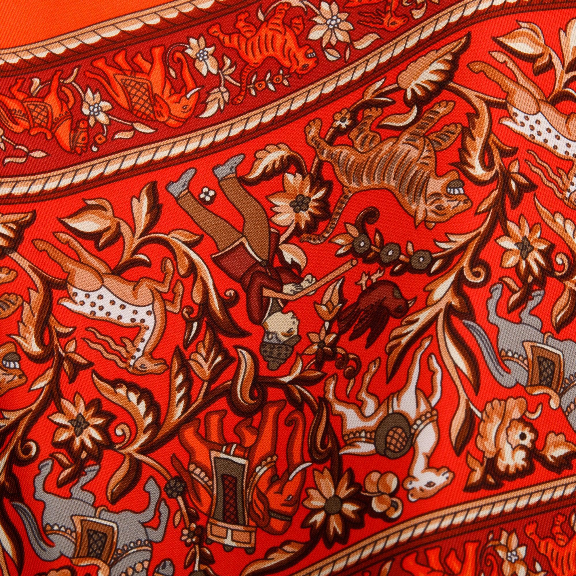 Hermes Orange/Red 'Chasse En Inde En Soie' Silk Scarf 90 w/ Box - Image 4