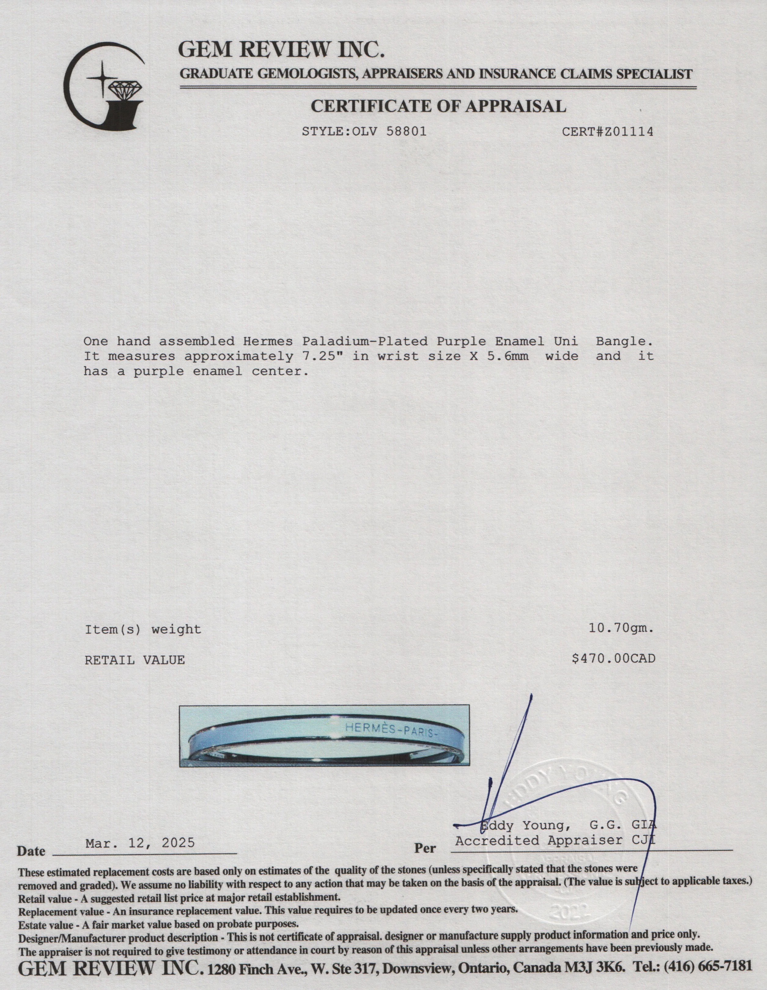 Hermes Paladium-Plated Purple Enamel Uni Bangle w/ Box - Image 5