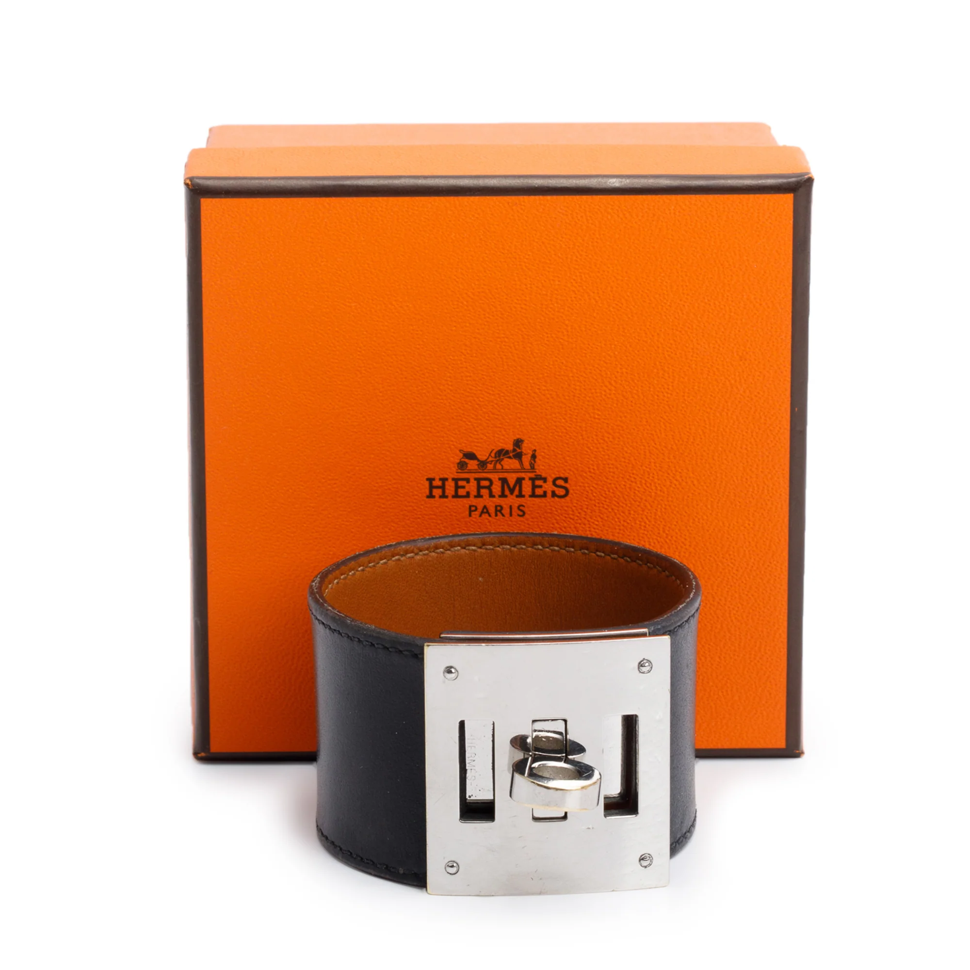 Hermes Palladium-Plated Black Box Calfskin Leather Kelly Dog Bracelet, Size T2 w/ Box - Image 2