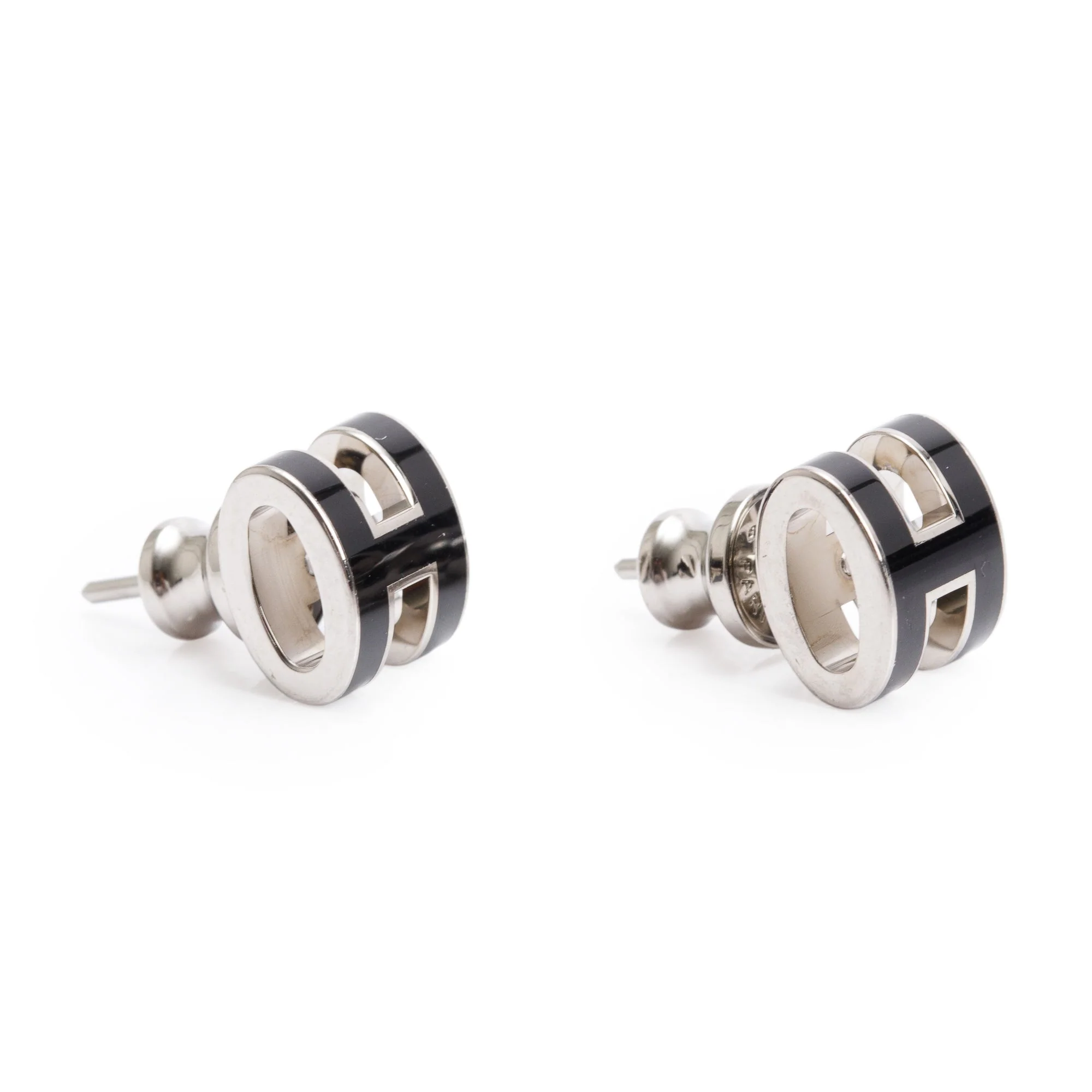 Hermes Palladium Plated Black Lacquered Mini Pop H Earrings - Image 2