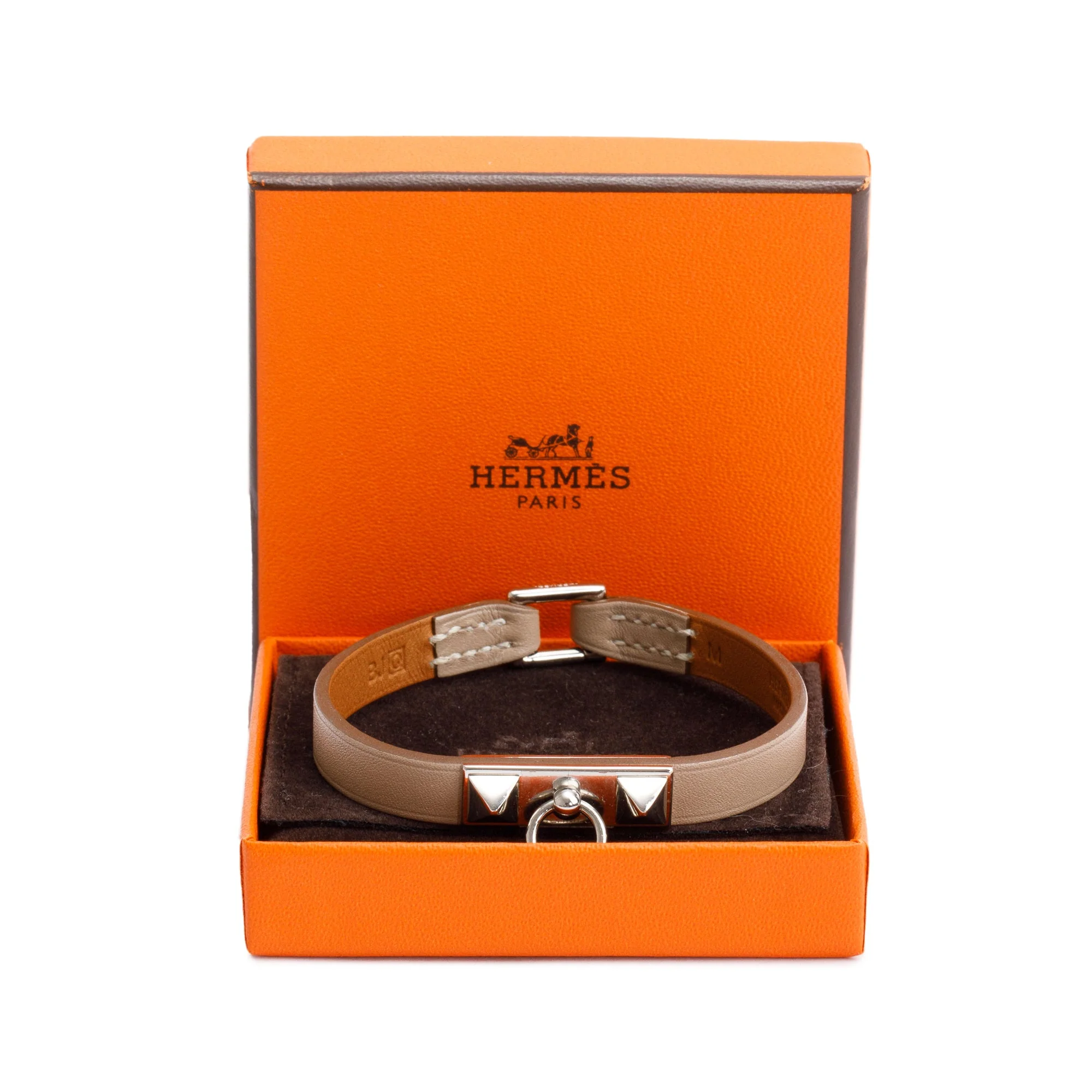 Hermes Palladium Plated Etoupe Leather Rivale Mini Bracelet w/ Box - Image 2