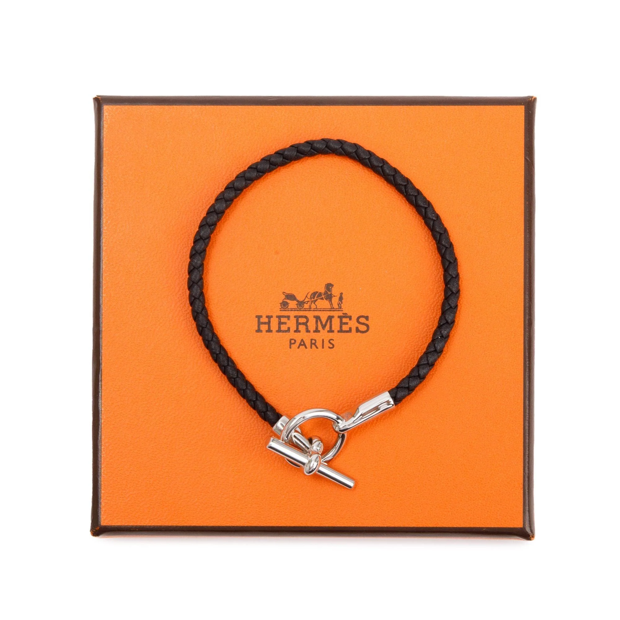 Hermes Palladium Plated Glenan H Black Braided Calfskin Leather Bracelet w/ Box - Image 2