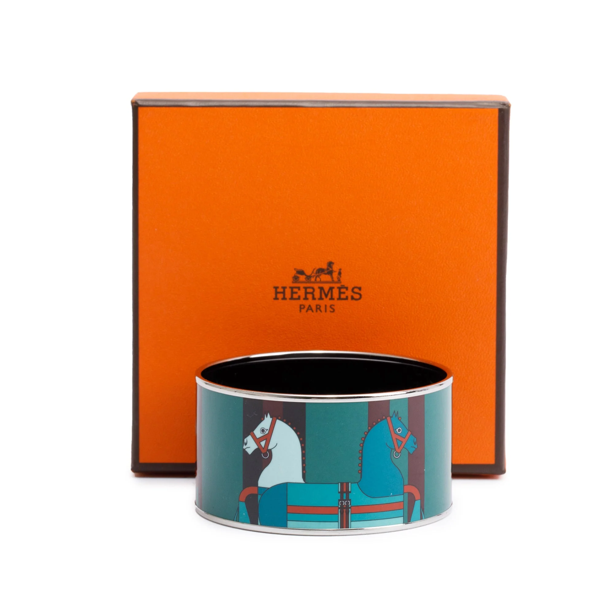 Hermes Palladium-Plated Green/Multicolor Enamel Extra Wide Bangle w/ Box - Image 2