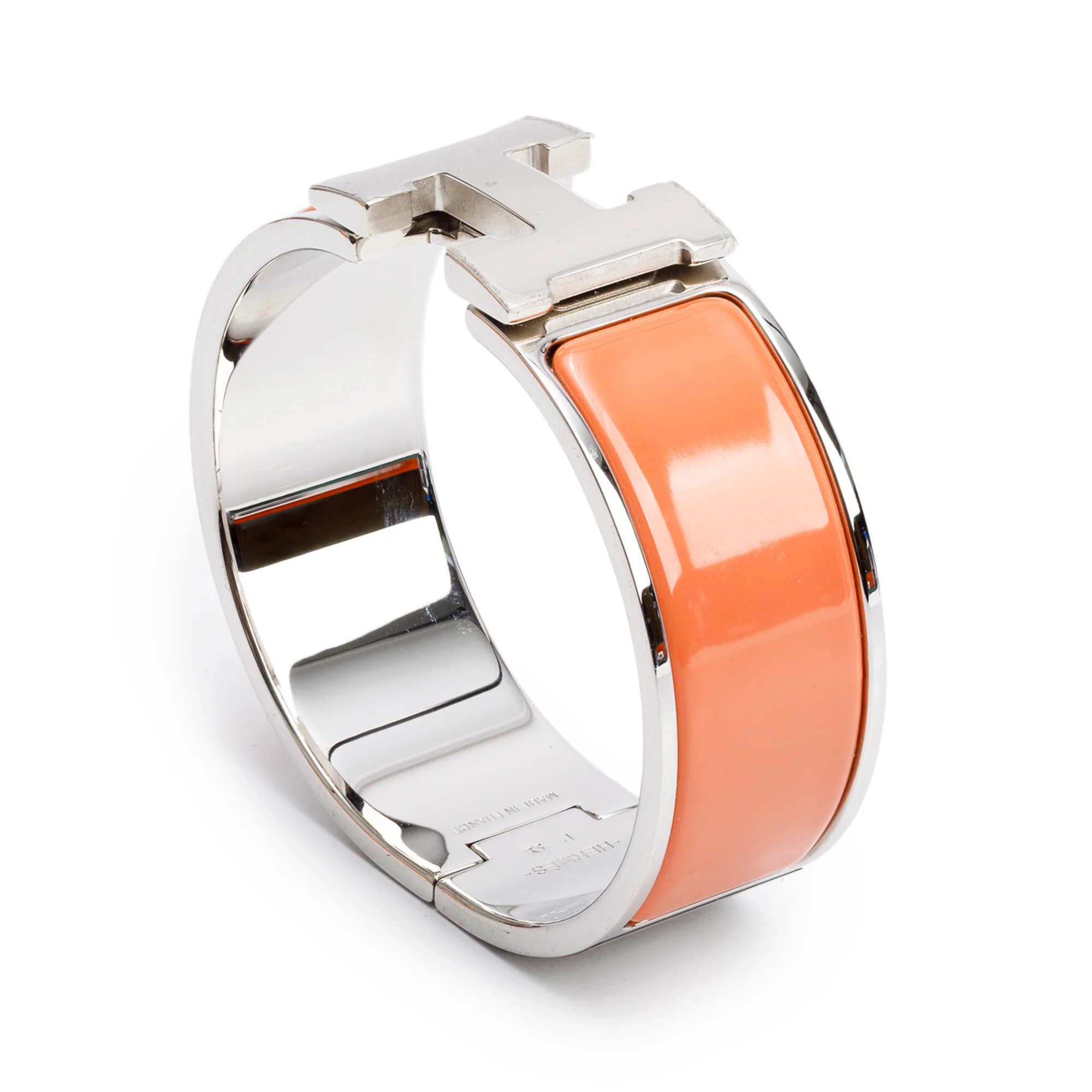 Hermes Palladium-Plated Peach Enamel Clic Clac H Bracelet w/ Box - Image 3