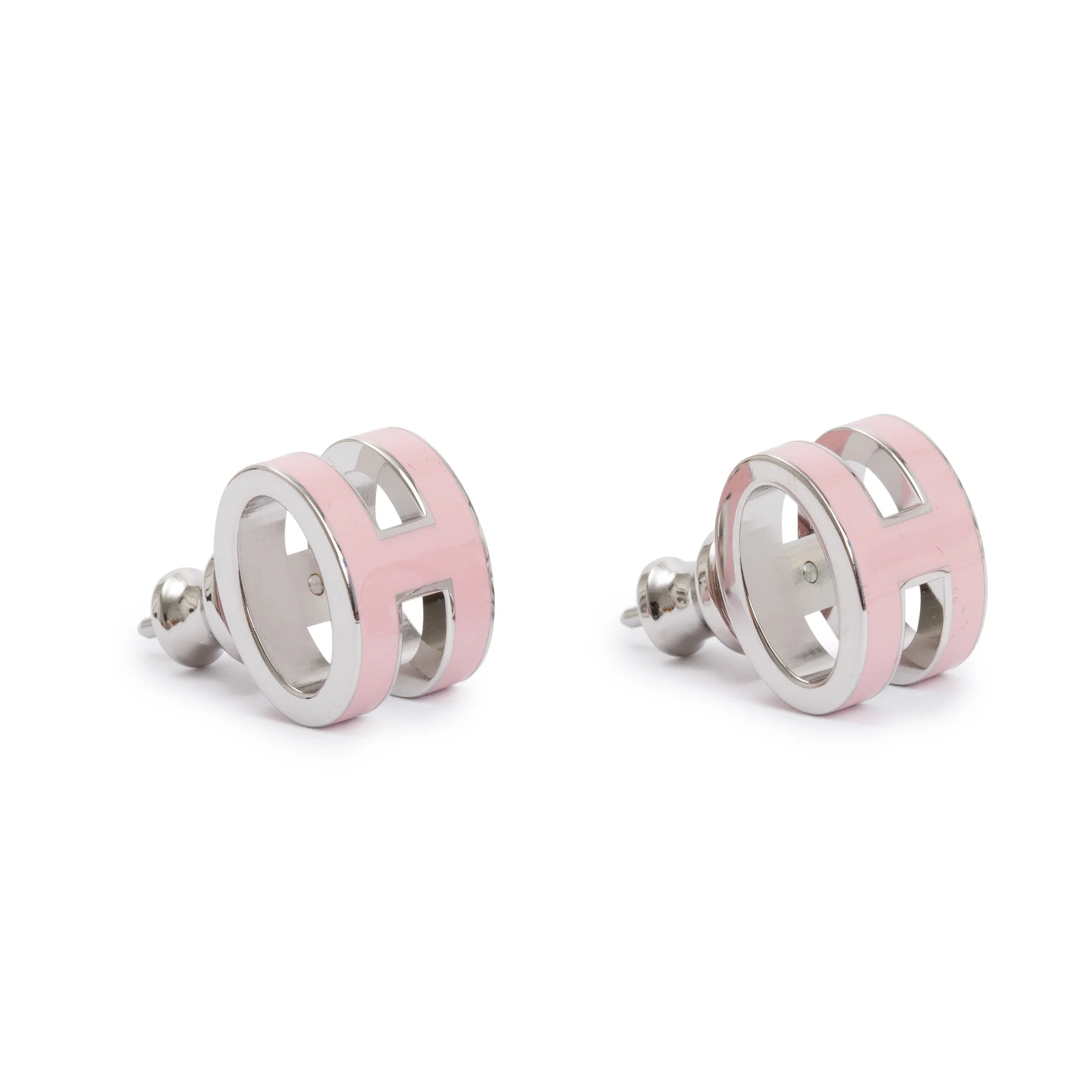 Hermes Palladium Plated Pink Lacquered Pop H Earrings w/ Box - Image 3
