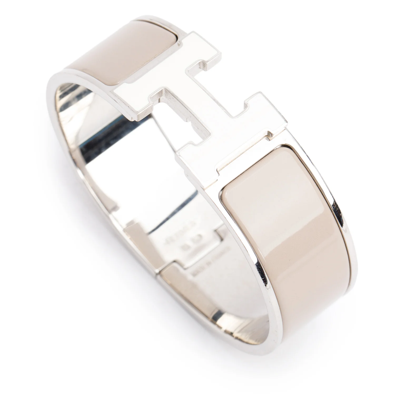 Hermes Palladium-Plated Taupe/White Enamel Clic Clac H Bracelet w/ Box - Image 4