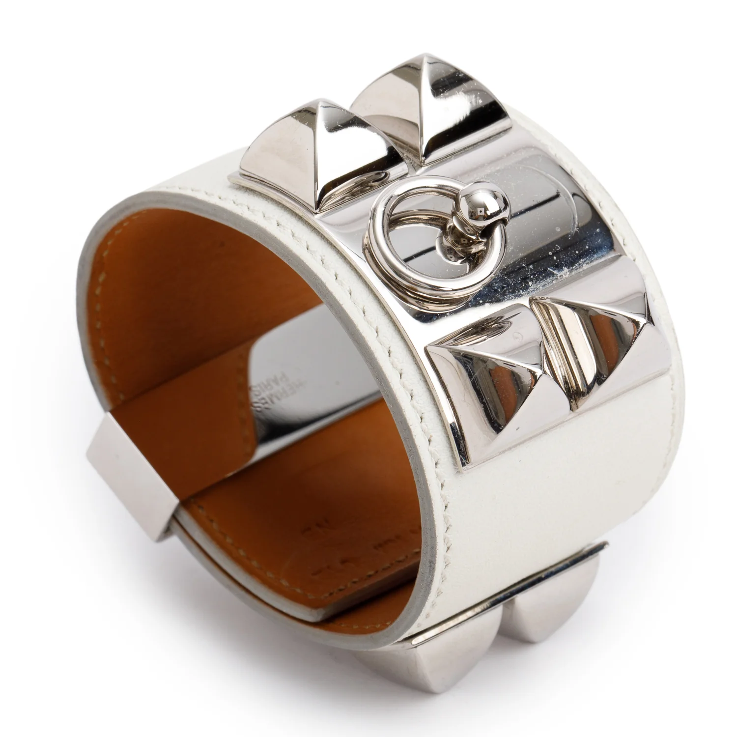 Hermes Palladium-Plated White Box Calfskin Leather Collier de Chien Bracelet, Size T2 w/ Box - Image 3