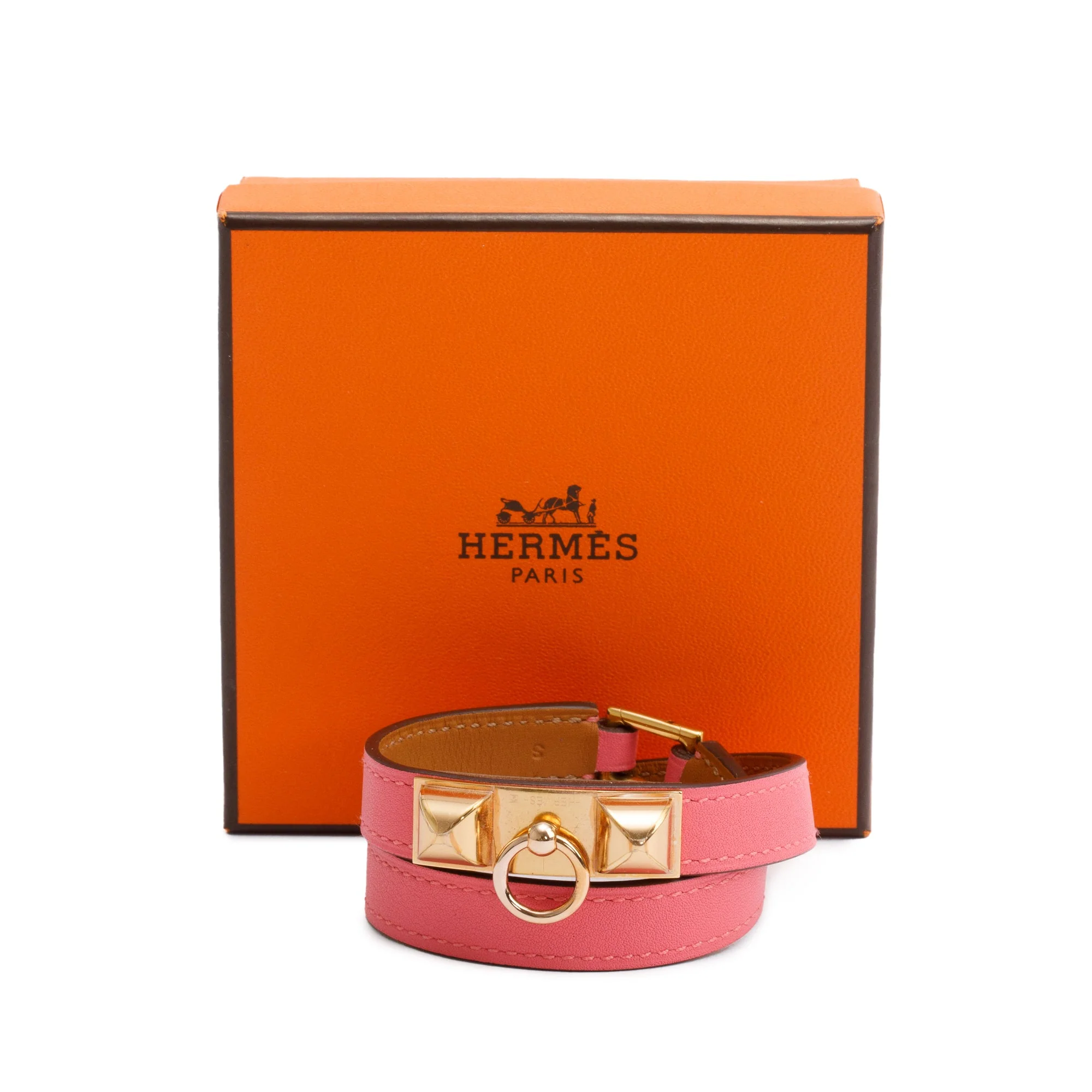 Hermes Rose Gold Plated Rivale Double Tour Pink Leather Bracelet, Size S w/ Box - Image 2