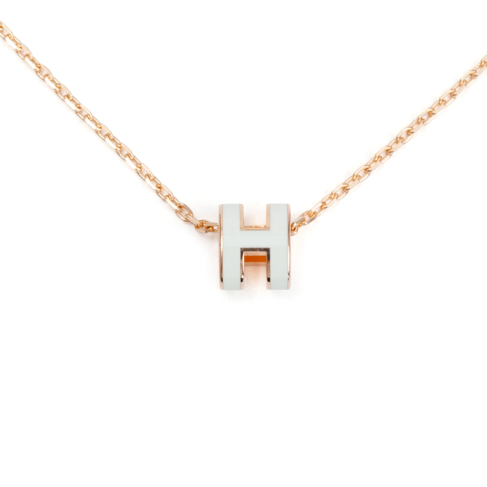 Hermes Rose Gold-Plated White Lacquered Mini Pop H Pendant Necklace w/ Box & Receipt - Image 5