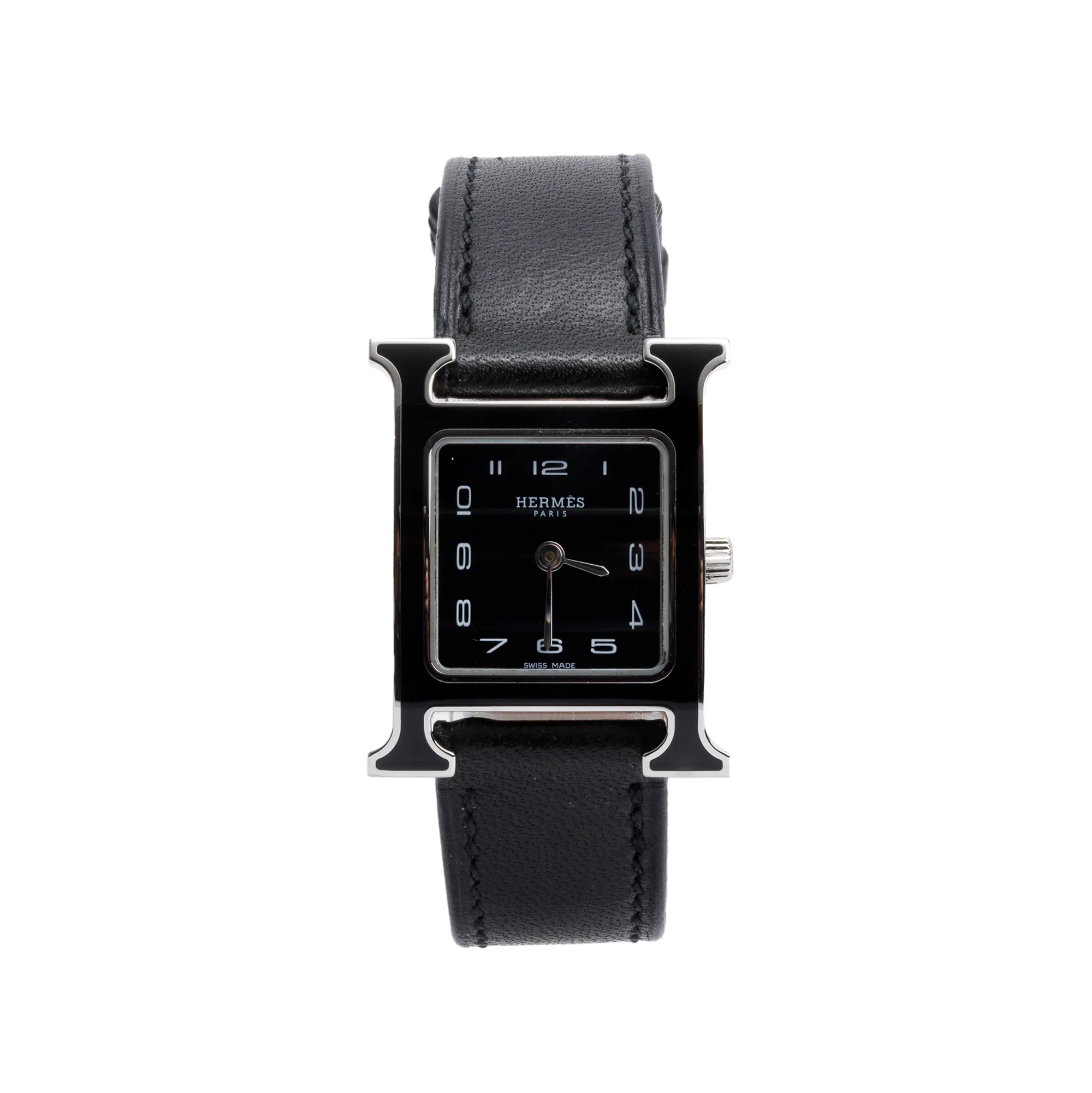 Hermes Stainless Steel Black Enamel Heure H Mini Model 21 MM Watch w/ Box & Papers