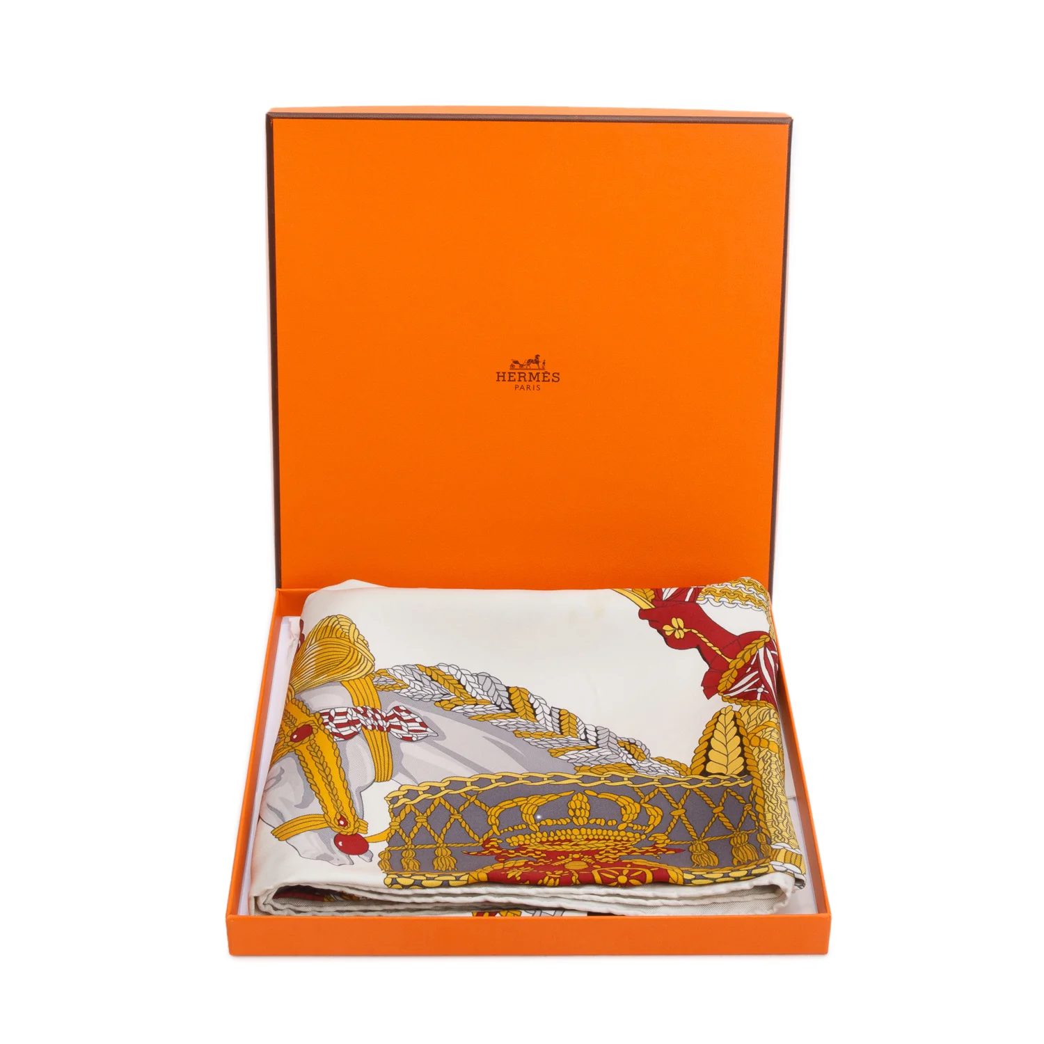 Hermes White/Multicolor 'Le Timbalier' Silk Scarf 90 w/ Box - Image 3
