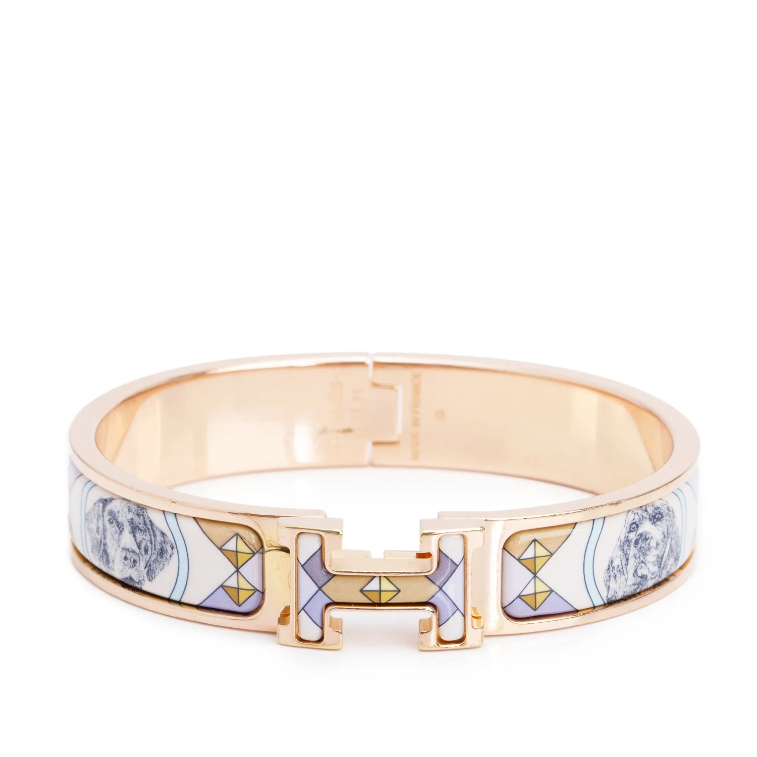 Hermes Yellow Gold Plated Colliers et Chiens Printed Enamel 12 MM Clic H Bracelet