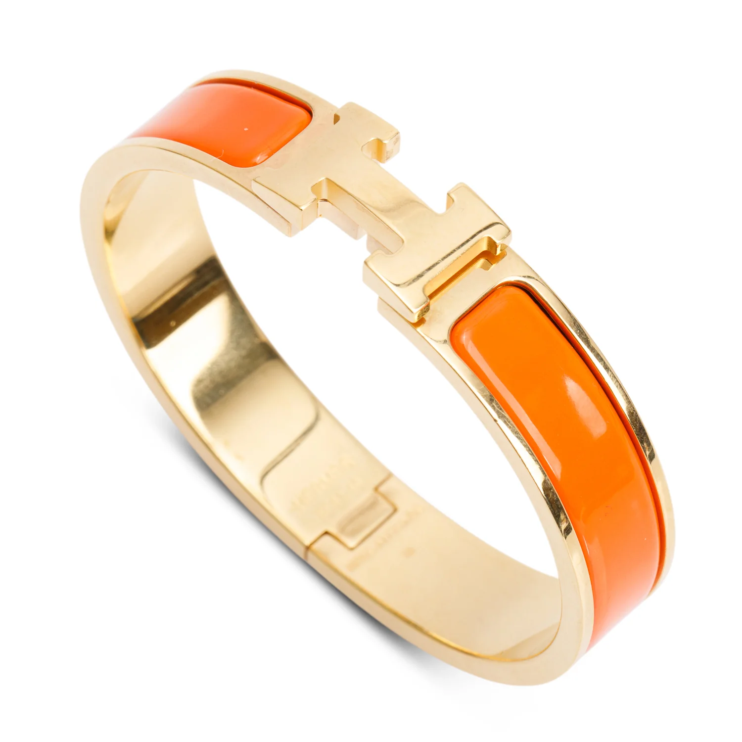 Hermes Yellow Gold Plated Orange Enamel 12 MM Clic H Bracelet w/ Box - Image 4