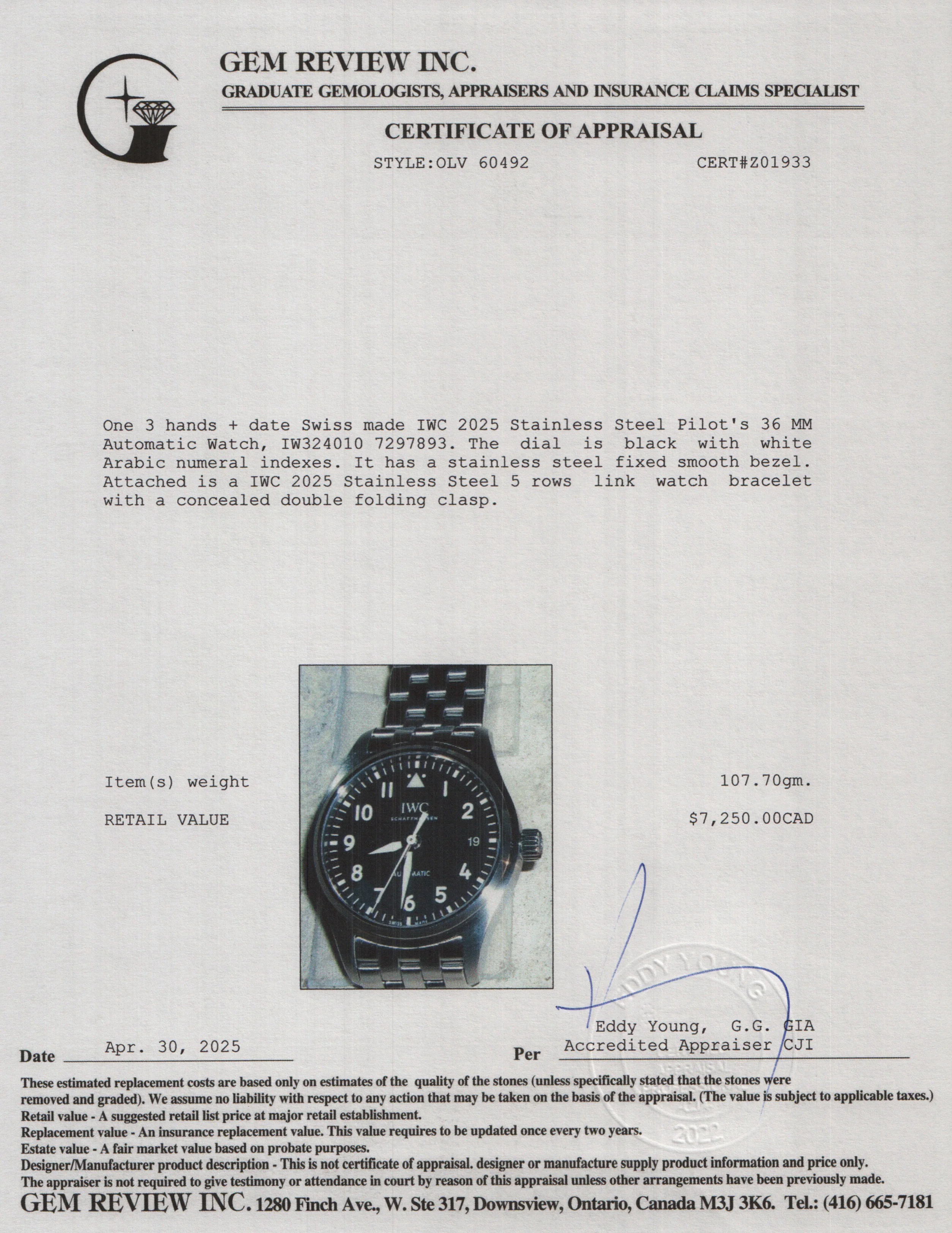 IWC 2025 Stainless Steel Pilot's 36 MM Automatic Watch Black Dial IW324010 w/ Box & Papers - Image 6