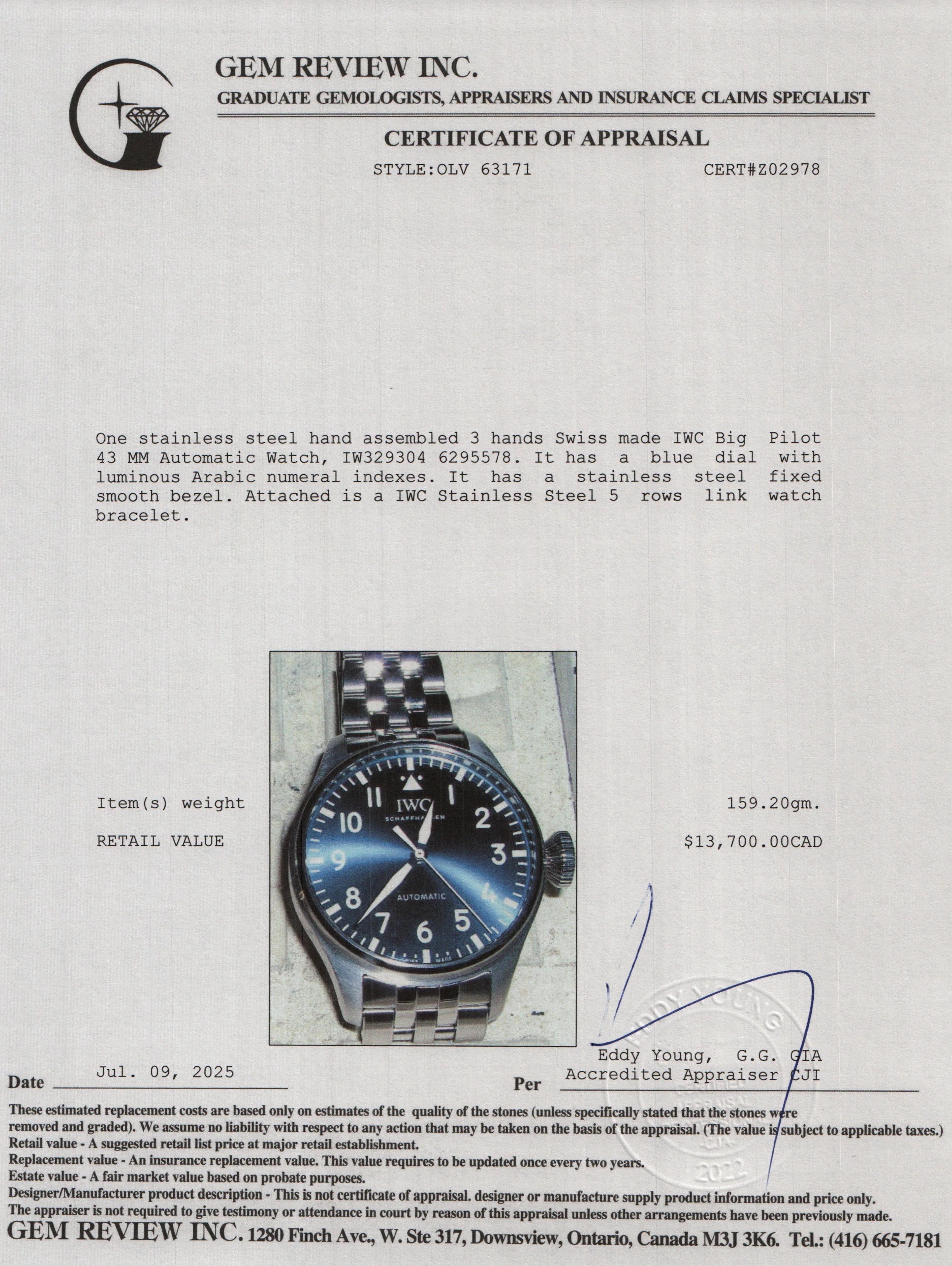 IWC Stainless Steel Big Pilot 43 MM Automatic Watch Blue Dial IW329304 w/ Box - Image 6