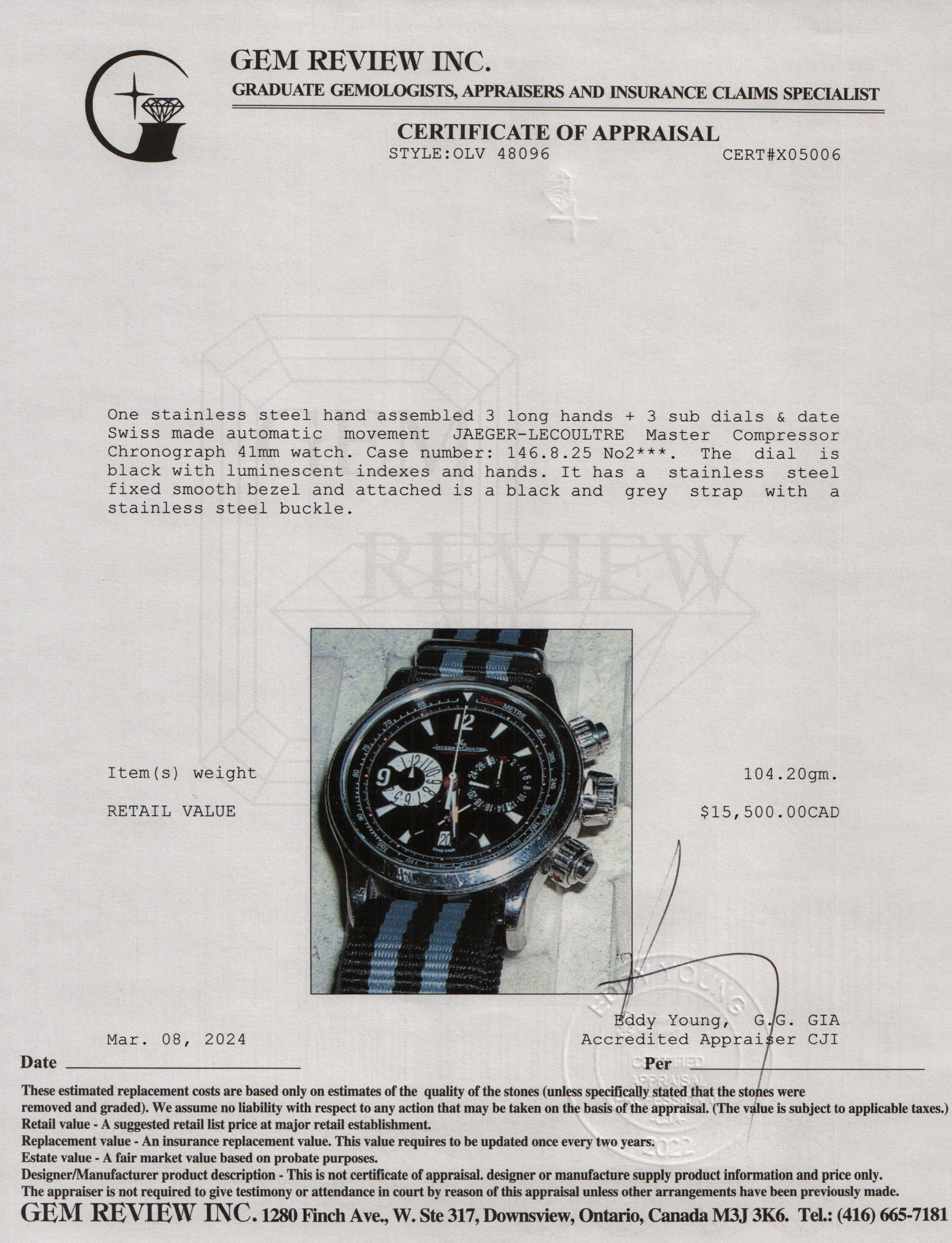 Jaeger LeCoultre Stainless Steel Master Compressor 41 MM Chronograph Automatic Watch w/ Box - Image 6