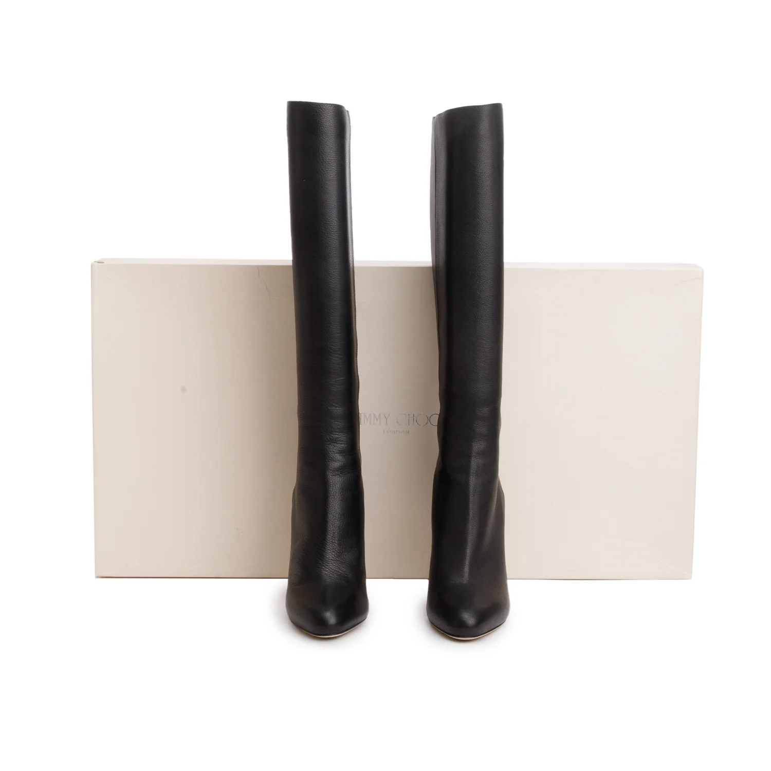 Jimmy Choo Black Grained Calfskin Leather Glory Knee High Boots, Size 35.5 w/ Box - Image 2