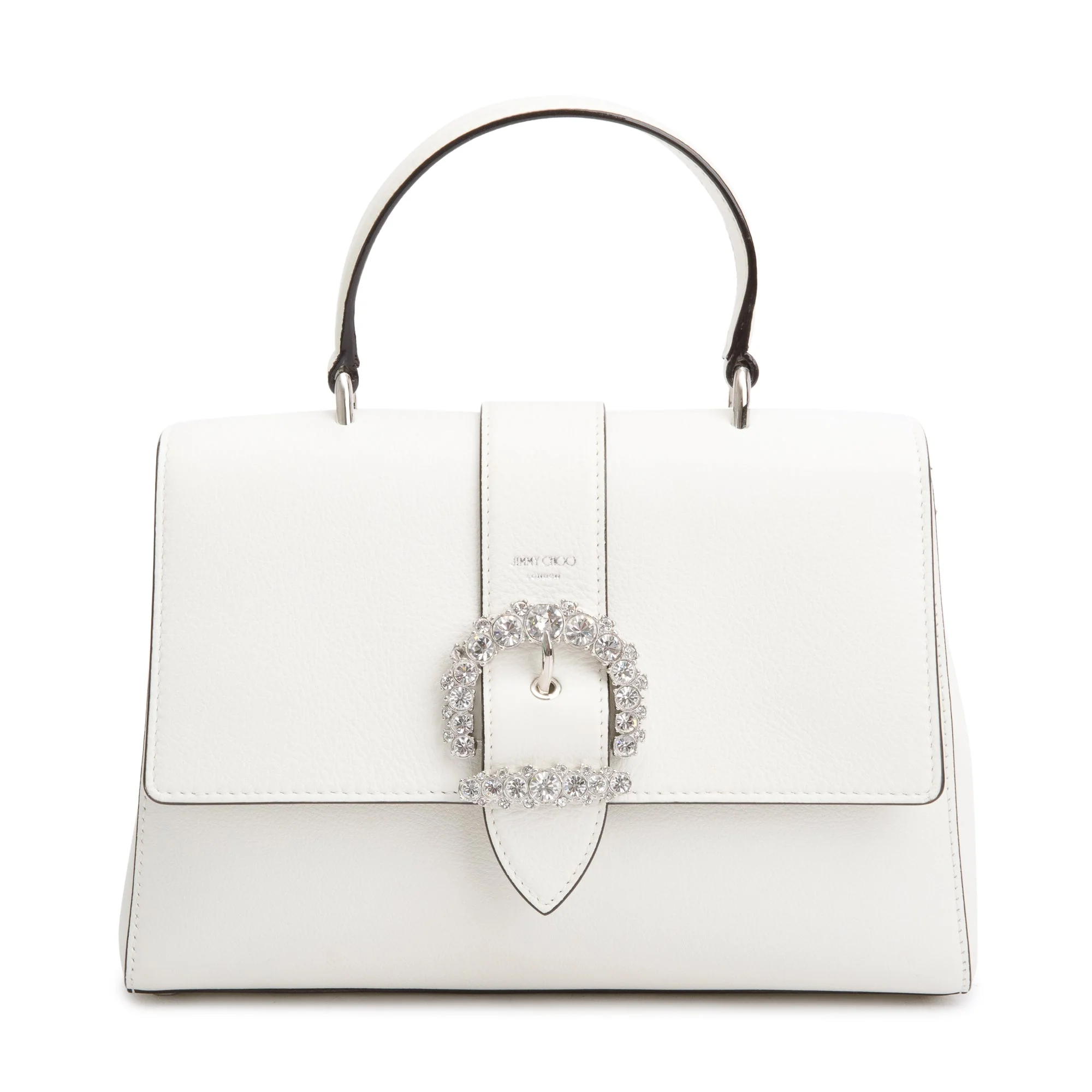 Jimmy Choo White Calfskin Leather Crystal Embellished Medium Cheri Top Handle Bag w/ Strap - Image 3