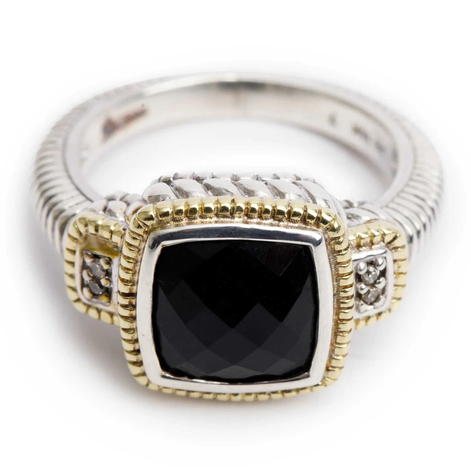 Judith Ripka Sterling Silver & 18k Yellow Gold Onyx and Diamond Cocktail Ring, Size 6 - Image 2