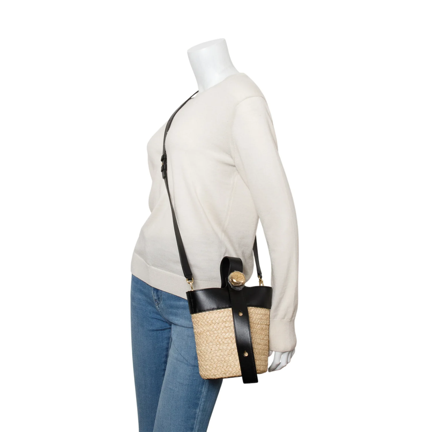 Loewe Black Raffia Calfskin Mini Pebble Bucket Bag - Image 2