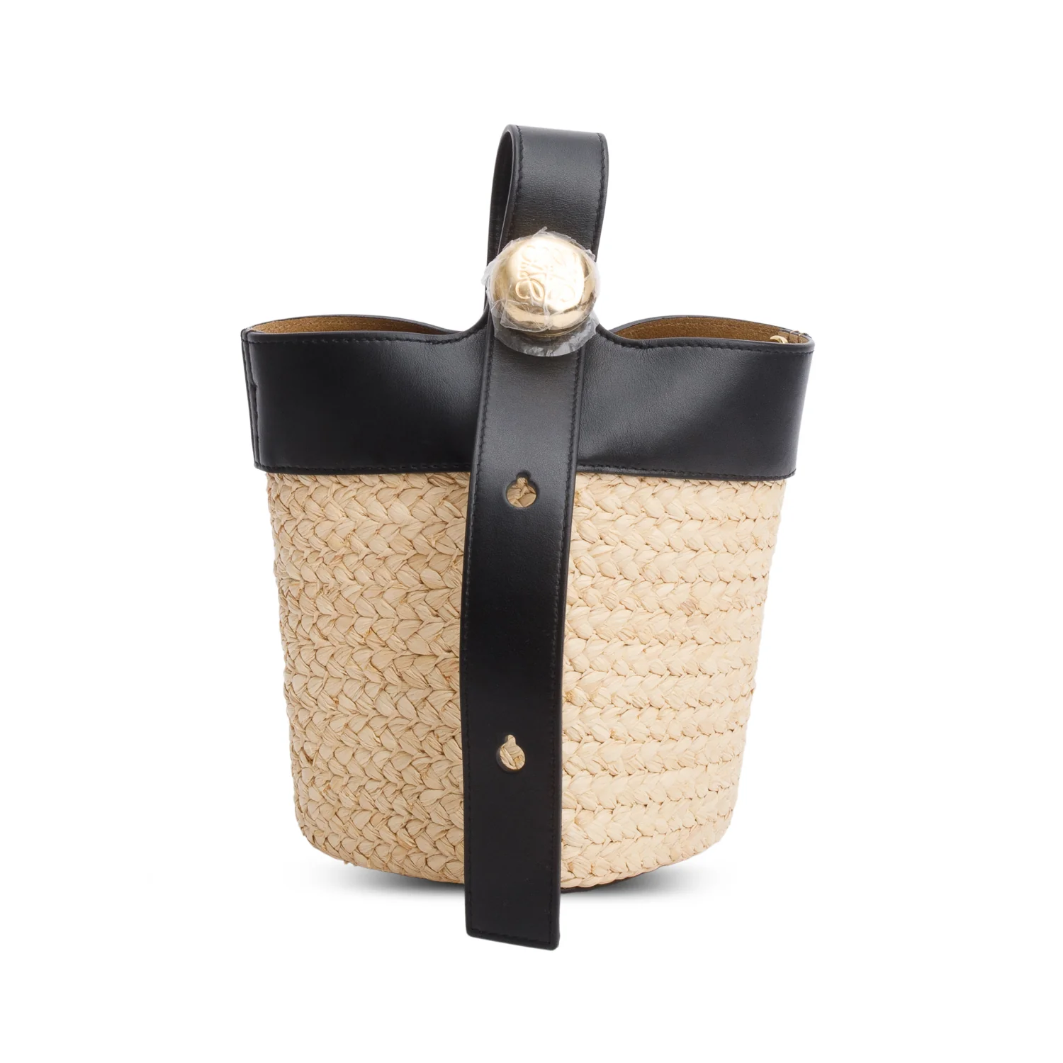Loewe Black Raffia Calfskin Mini Pebble Bucket Bag - Image 3
