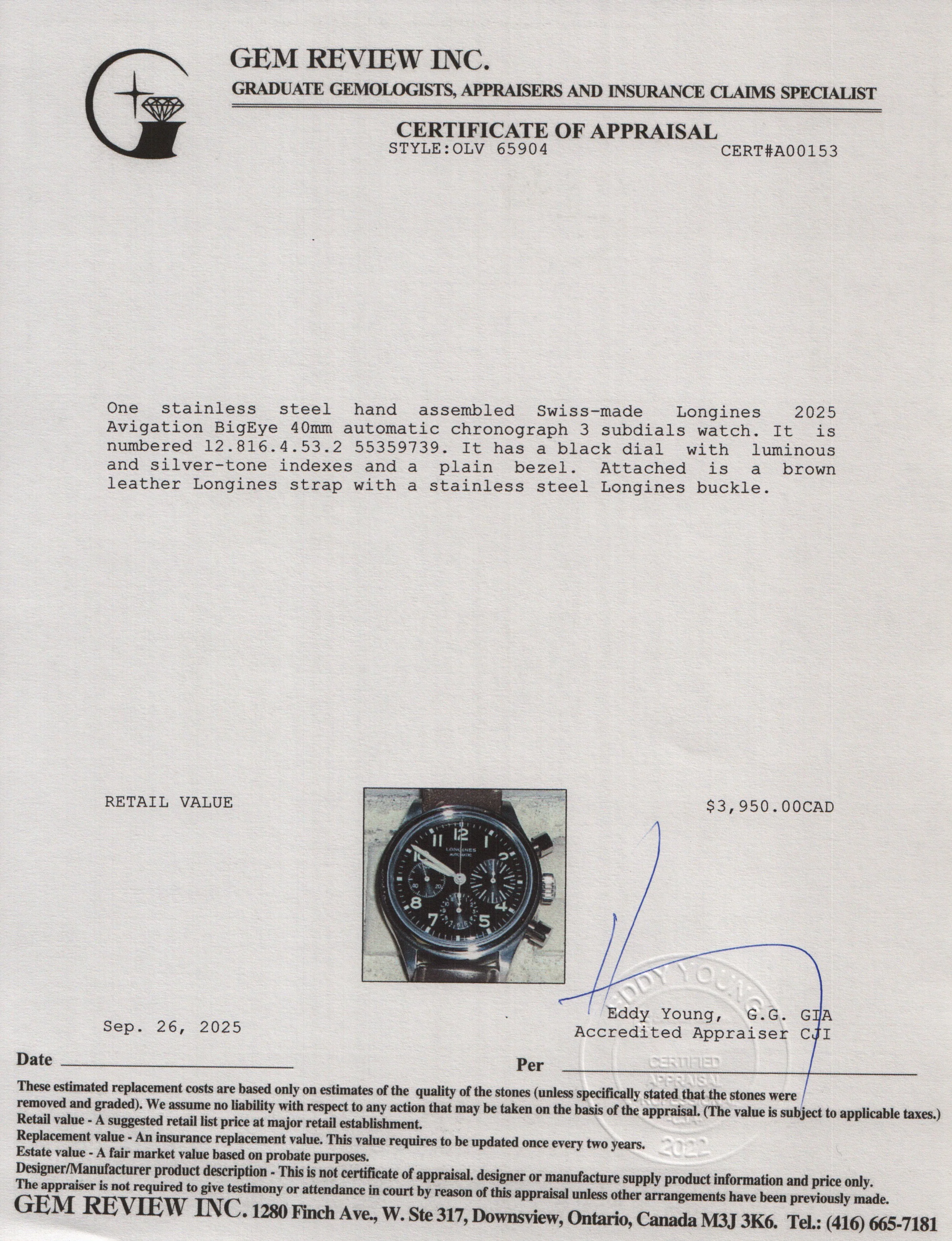 Longines 2025 Stainless Steel Avigation BigEye 40 MM Automatic Chronograph Watch Black Dial w/ Box & Papers - Image 6