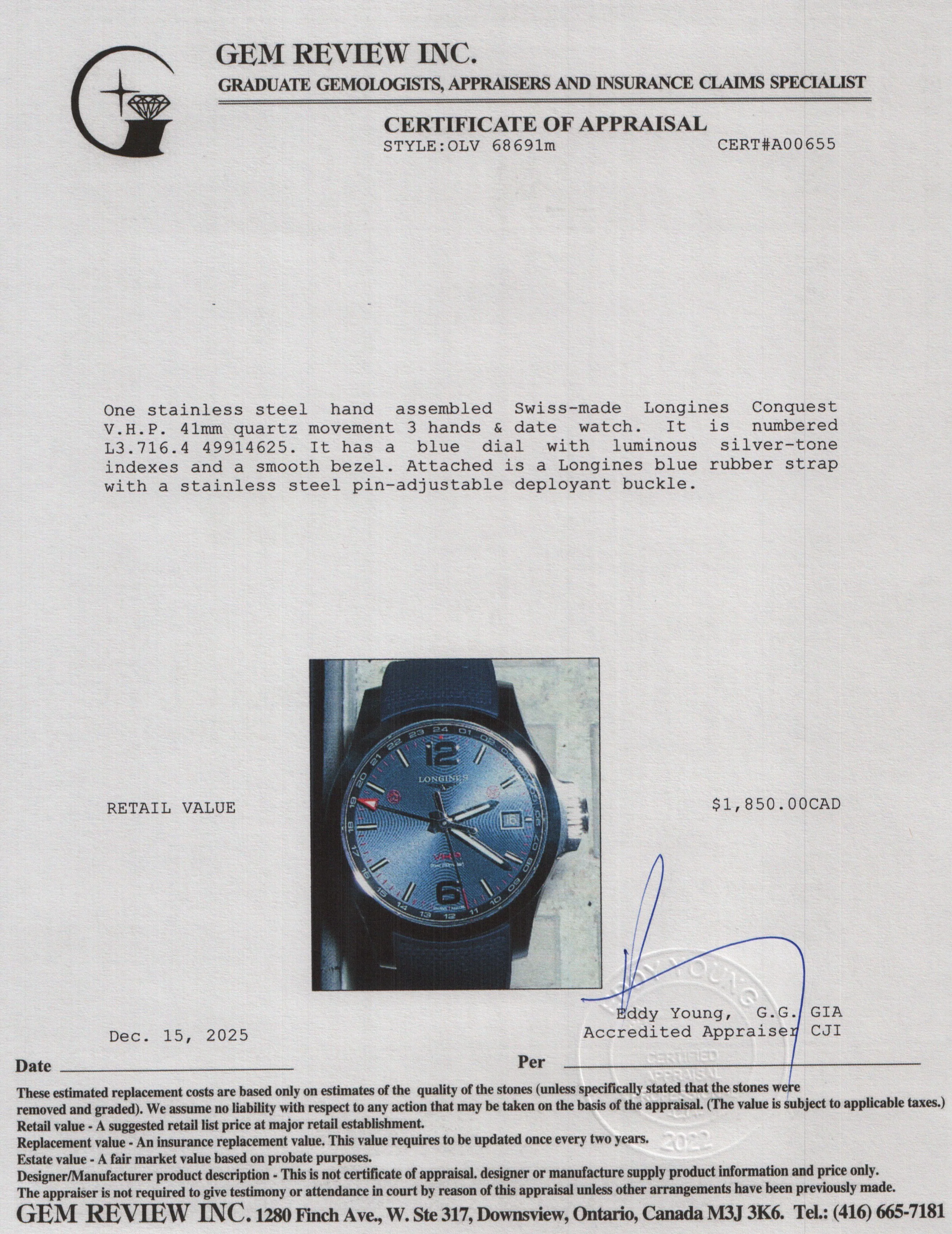 Longines Stainless Steel Conquest V.H.P. 41 MM Quartz Watch Blue Dial w/ Box & Papers - Image 6