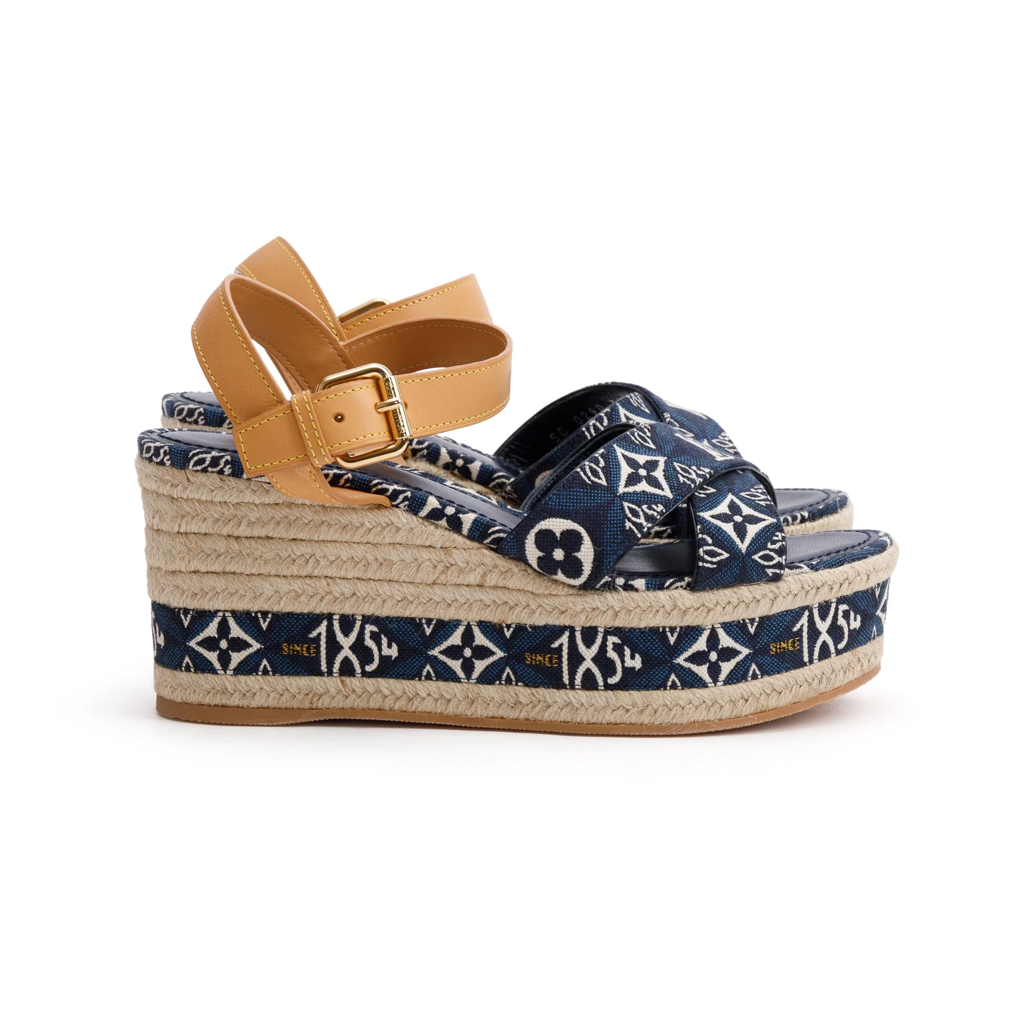 Louis Vuitton 2020 Blue Jacquard Canvas Since 1854 Boundary Wedge Sandals, Size 39 w/ Box - Image 4