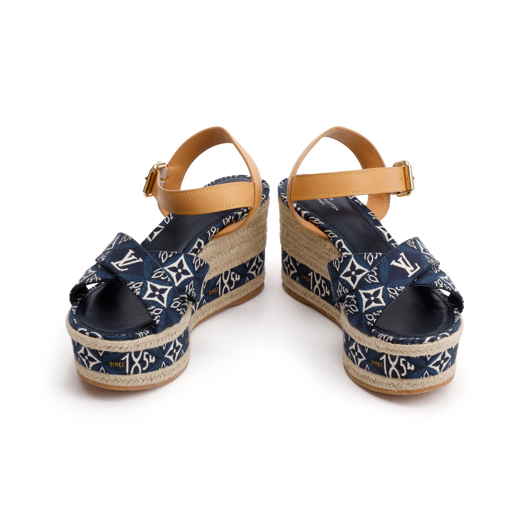 Louis Vuitton 2020 Blue Jacquard Canvas Since 1854 Boundary Wedge Sandals, Size 39 w/ Box - Image 5