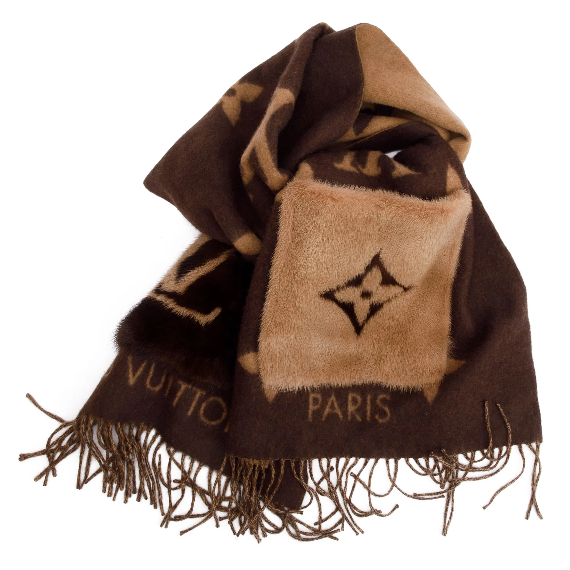 Louis Vuitton 2020 Brown/Beige Cashmere Mink Fur Pocket Monogram Cold Reykjavik Scarf w/ Box - Image 5