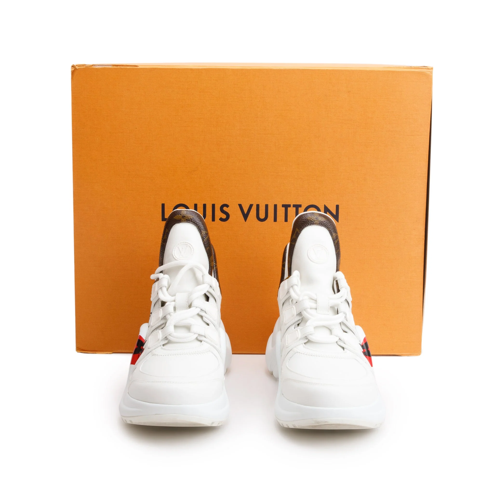 Louis Vuitton 2020 White Leather Monogram Trim LV Heart Archlight Sneakers, Size 37.5 w/ Box - Image 2