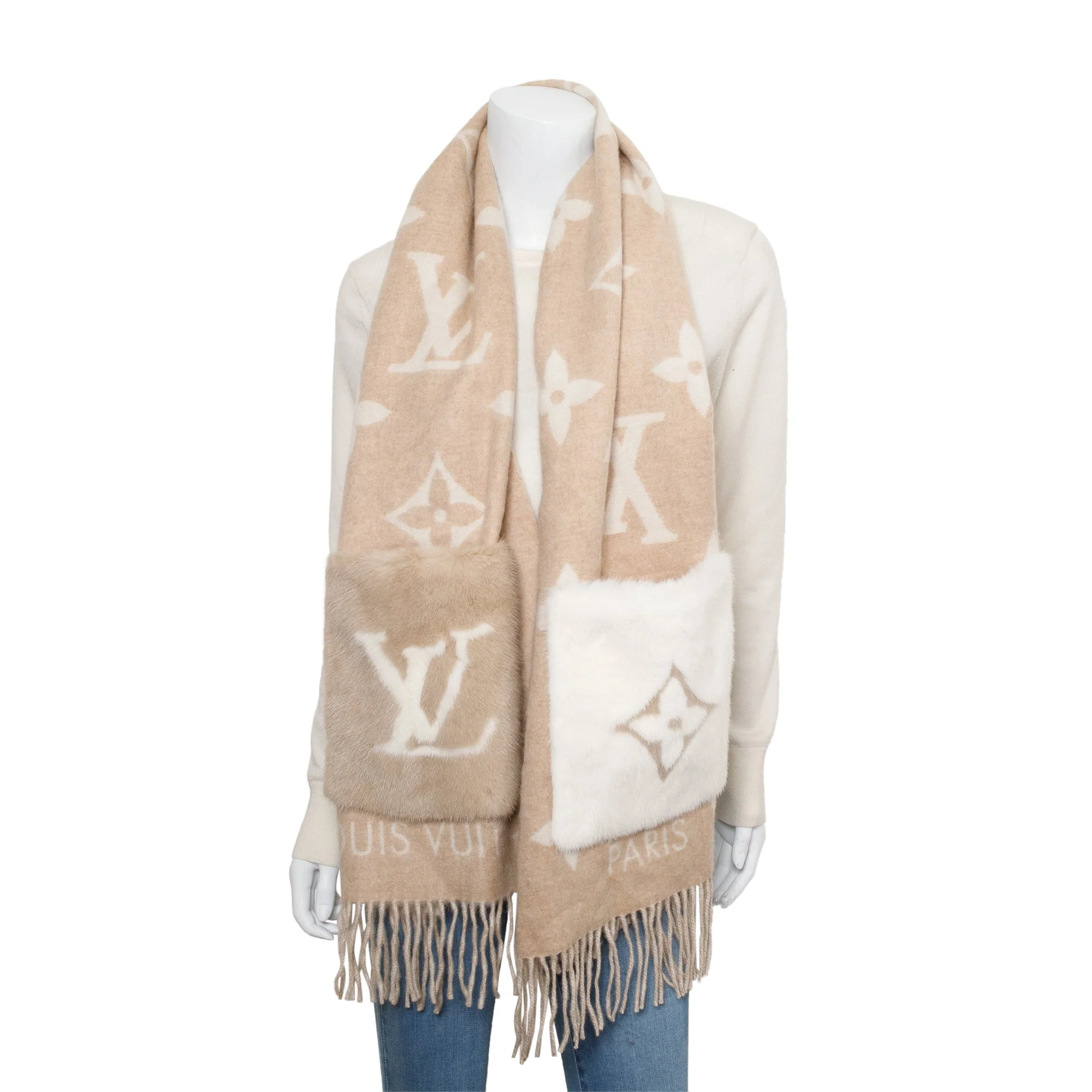 Louis Vuitton 2021 Neutral/Beige Cashmere Mink Fur Pocket Monogram Cold Reykjavik Scarf - Image 2