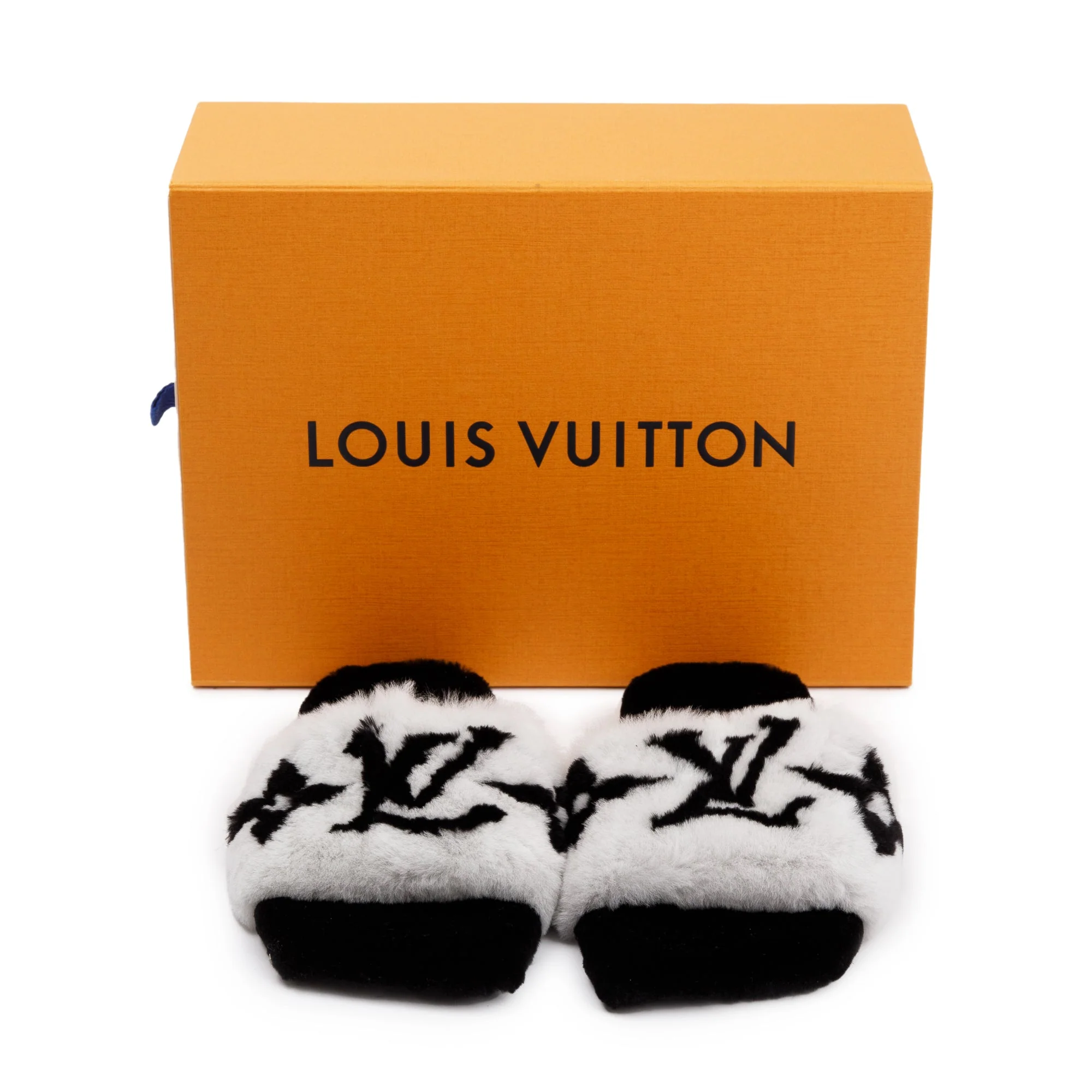Louis Vuitton 2021 White/Black Monogram Print Fur Mink Flat Mules, Size 38 w/ Box - Image 2