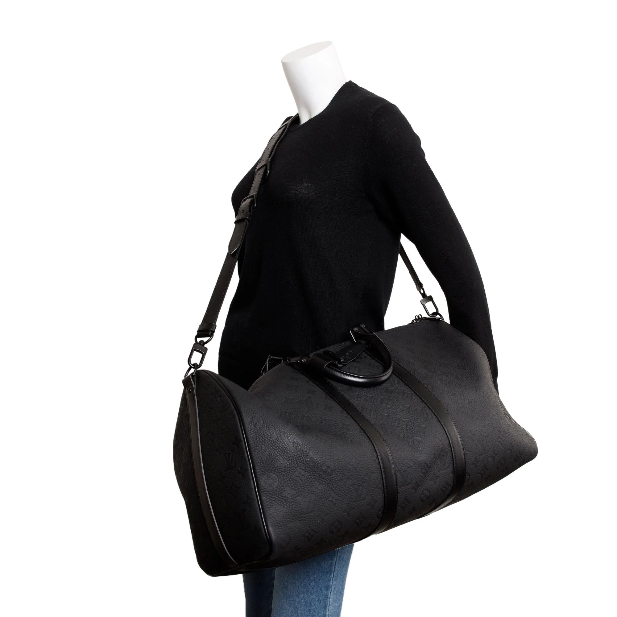 Louis Vuitton 2022 Black Taurillon Monogram Embossed Leather Keepall Bandouliere 50 w/ Strap - Image 2