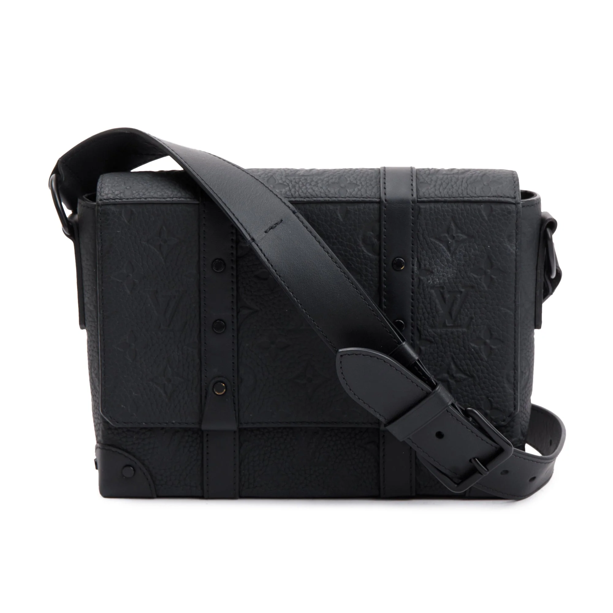 Louis Vuitton 2022 Black Taurillon Monogram Embossed Leather Soft Trunk Messenger Bag