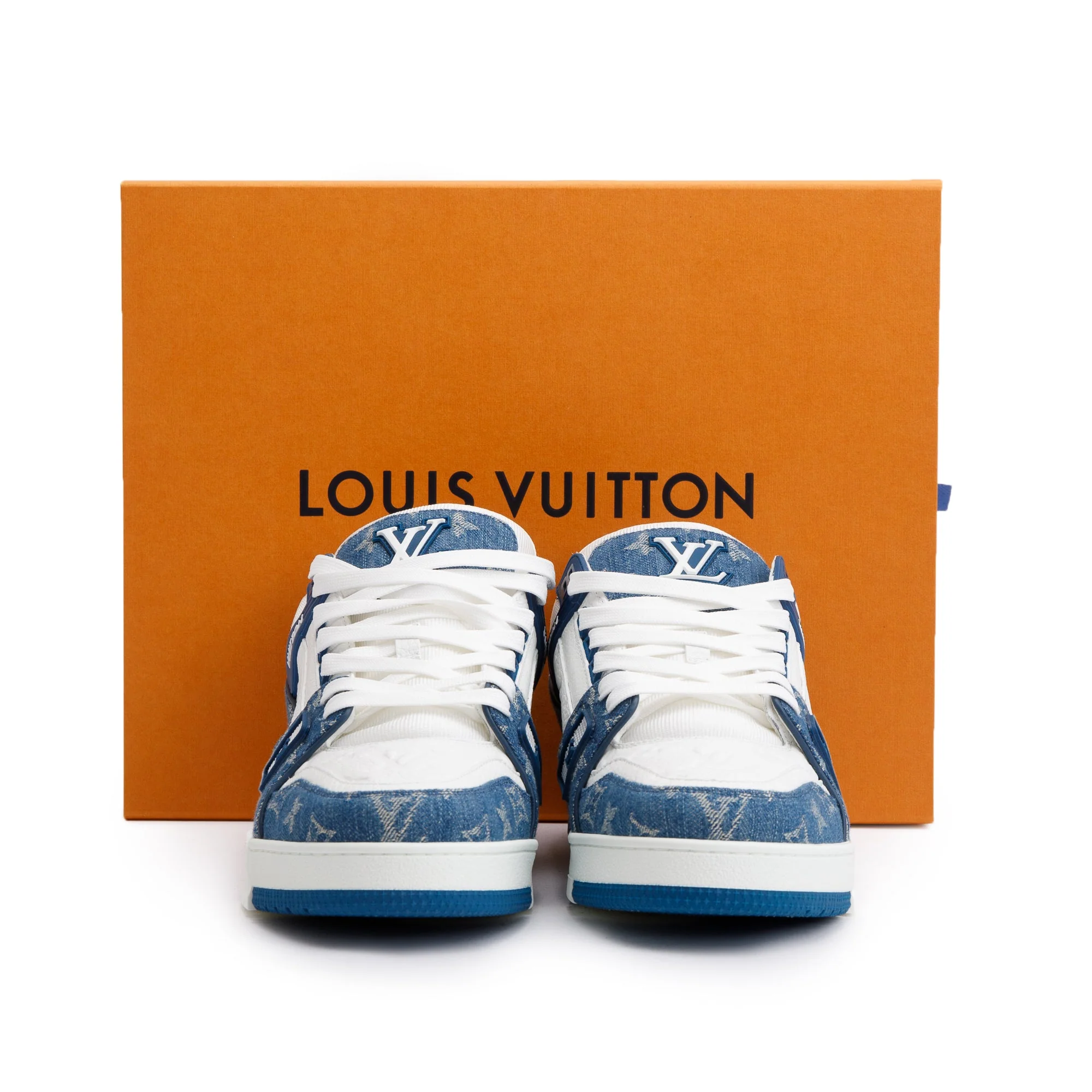 Louis Vuitton 2022 Blue/White Denim Calfskin LV Trainer Sneakers, Size 10 w/ Box - Image 2