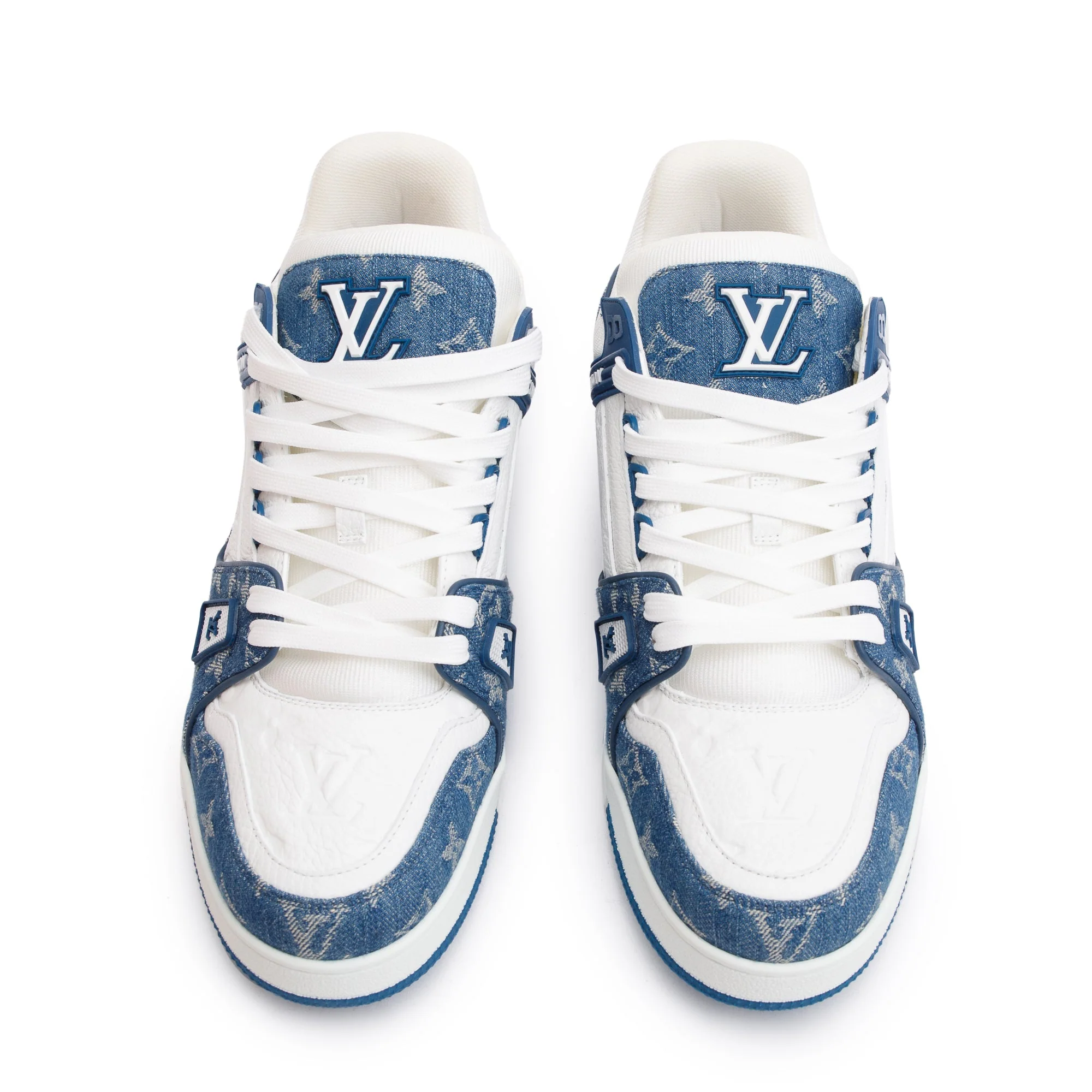 Louis Vuitton 2022 Blue/White Denim Calfskin LV Trainer Sneakers, Size 10 w/ Box - Image 3