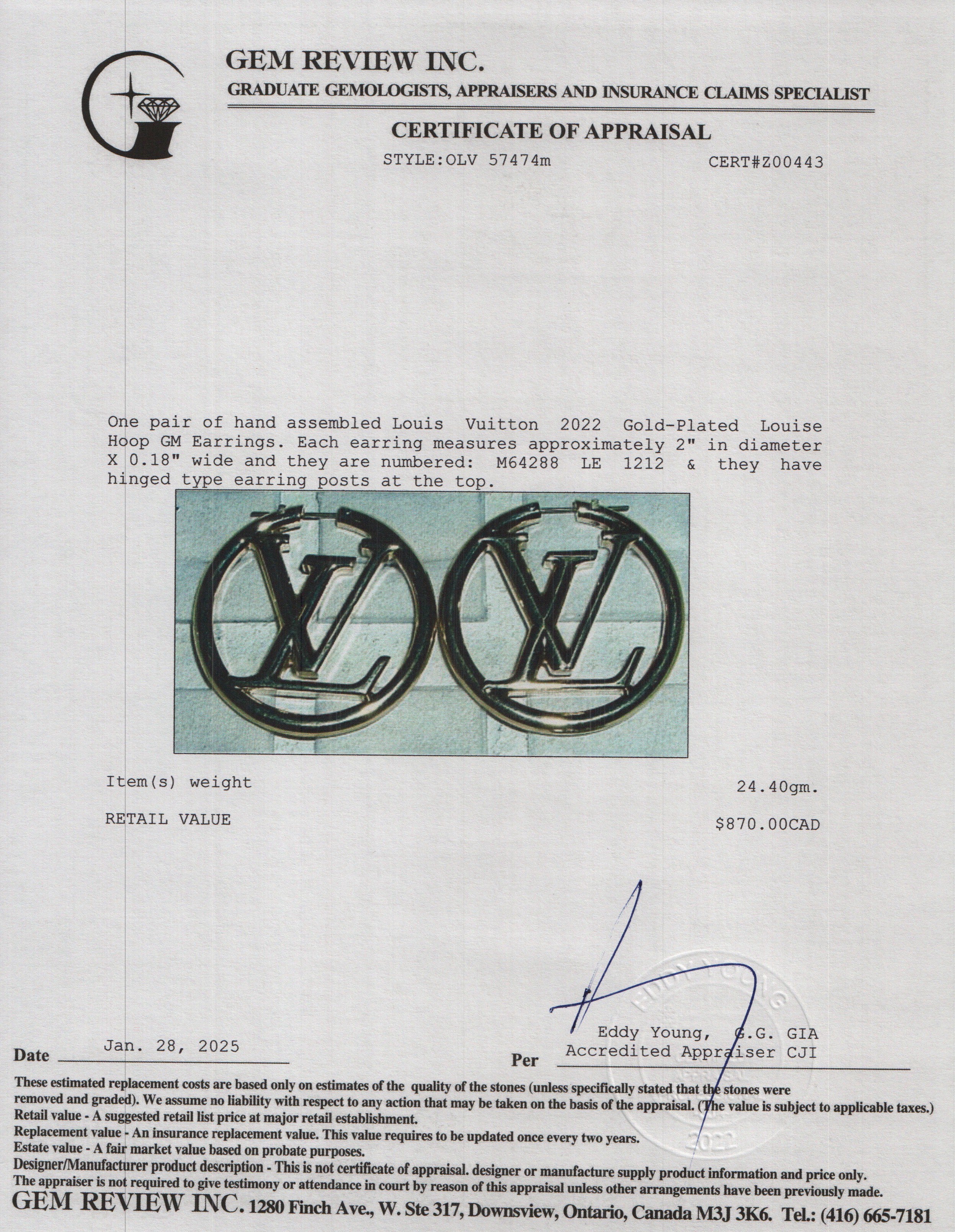 Louis Vuitton 2022 Gold-Plated Louise Hoop GM Earrings w/ Box & Receipt - Image 5