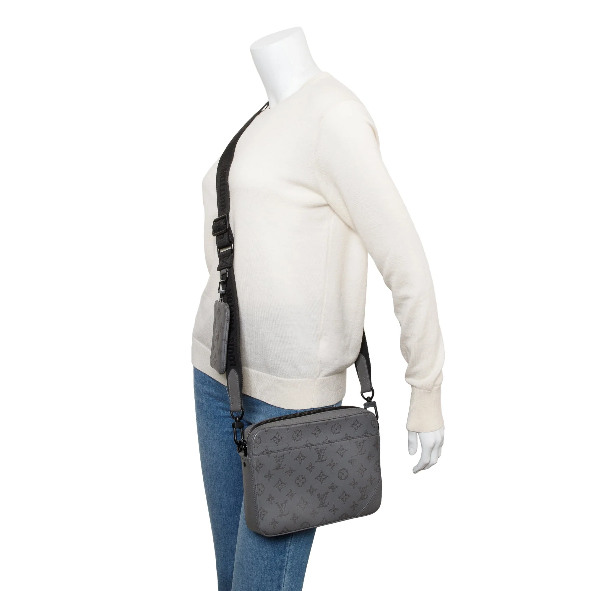 Louis Vuitton 2022 Grey Monogram Shadow Embossed Calfskin Leather Duo Messenger Bag - Image 2