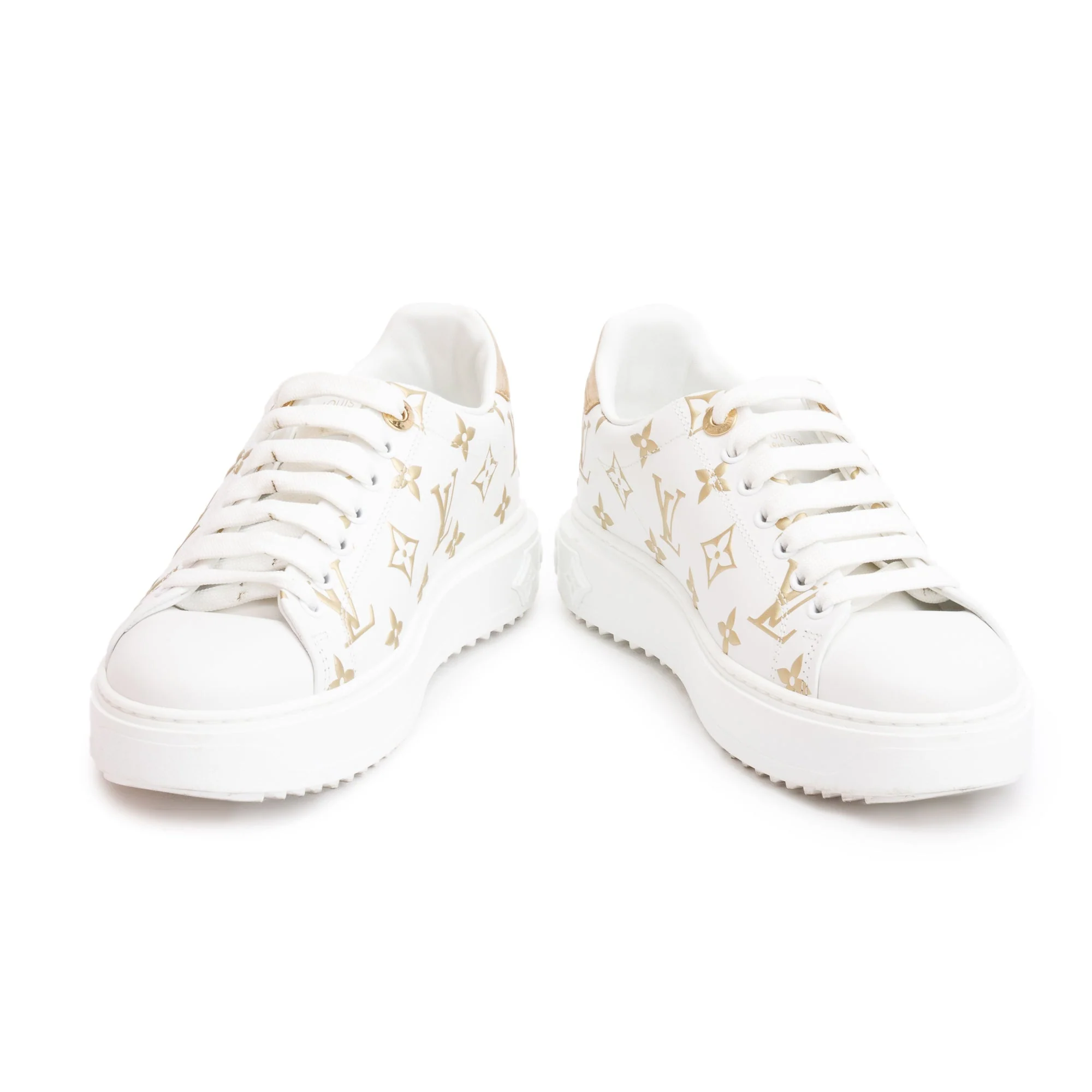 Louis Vuitton 2022 White/Gold Monogram Debosssed Leather Time Out Sneakers, Size 36.5 w/ Box - Image 4