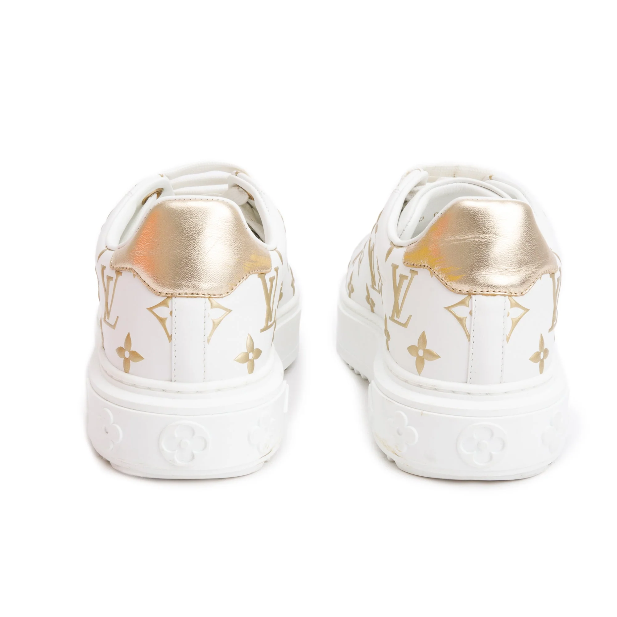 Louis Vuitton 2022 White/Gold Monogram Debosssed Leather Time Out Sneakers, Size 36.5 w/ Box - Image 6