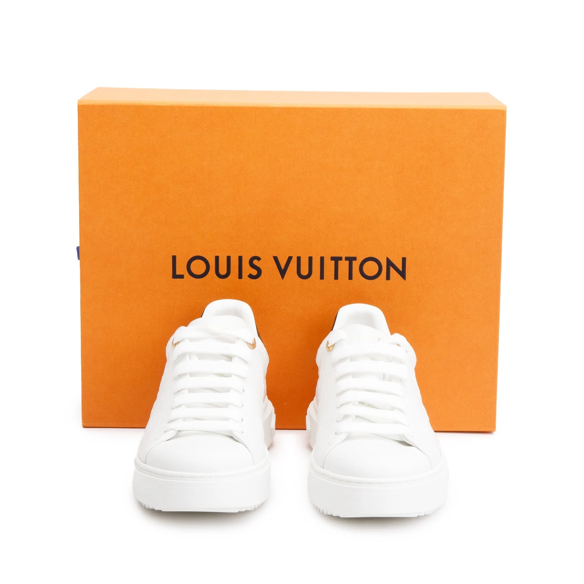 Louis Vuitton 2022 White Monogram Debosssed Leather Time Out Sneakers, Size 41 w/ Box - Image 2