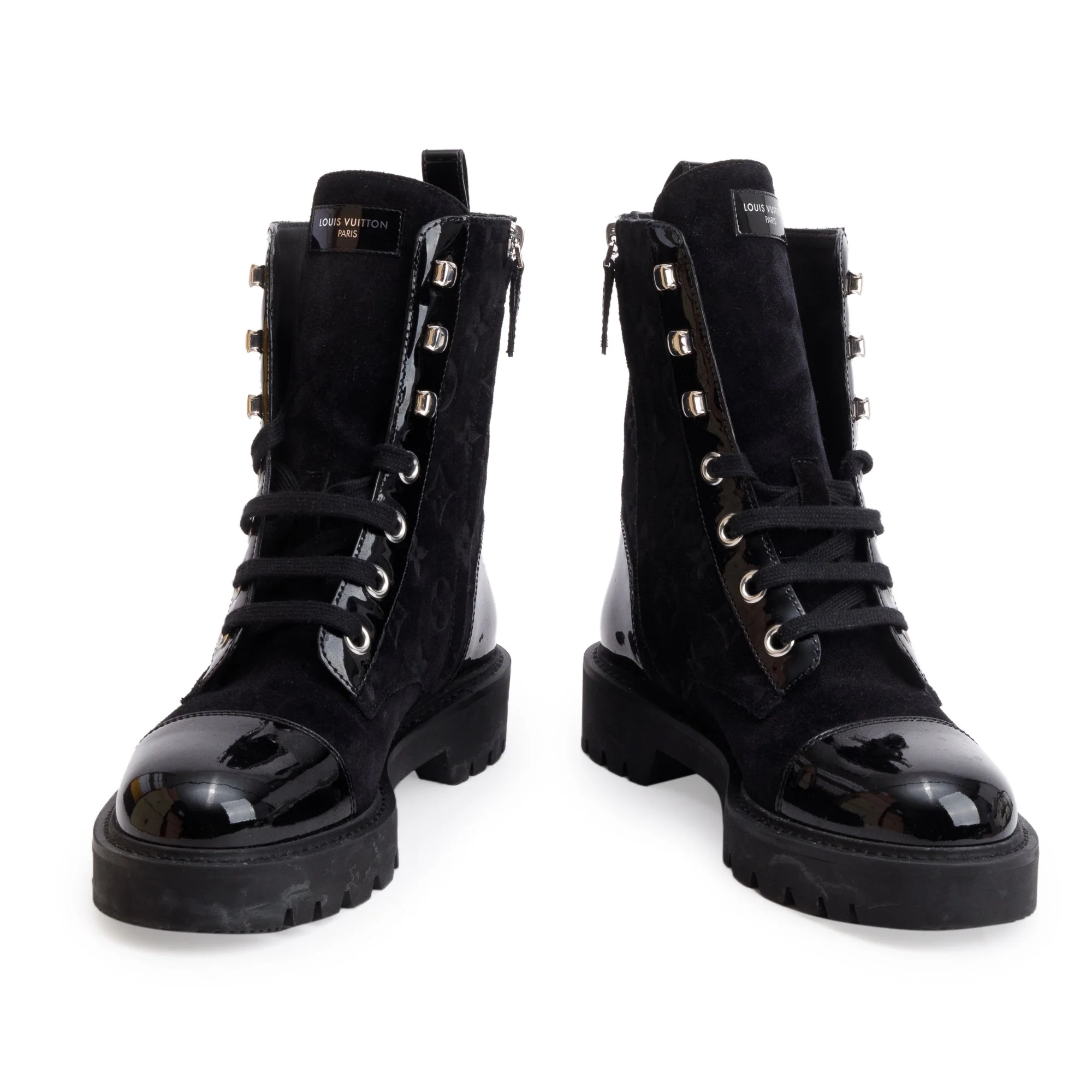 Louis Vuitton 2023 Black Monogram Suede Vernis Trim Territory Flat Ranger Boots, Size 37.5 w/ Box - Image 3