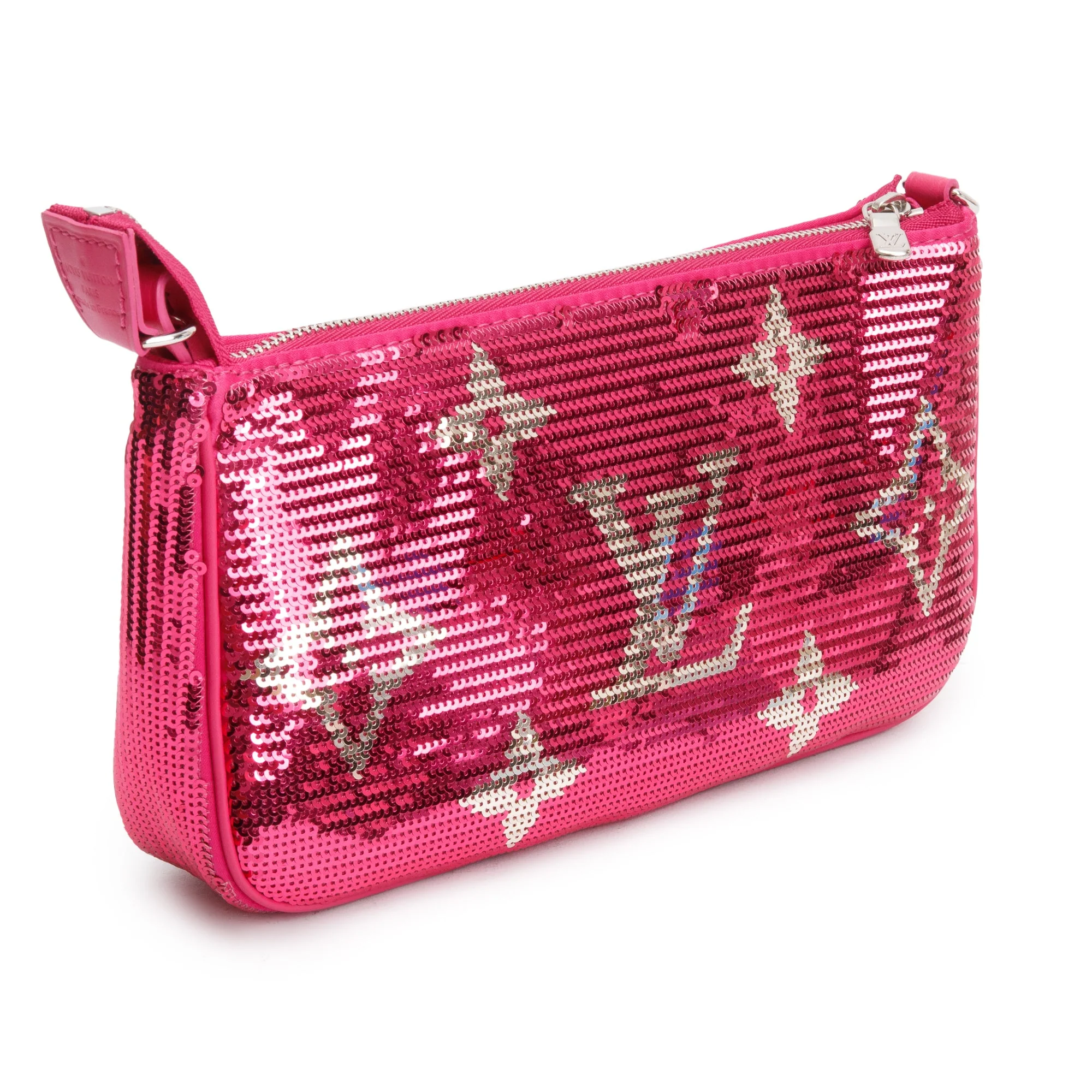 Louis Vuitton 2023 Fuchsia Silver Monogram Giant Sequins Pochette Accessoires w/ Receipt - Image 6