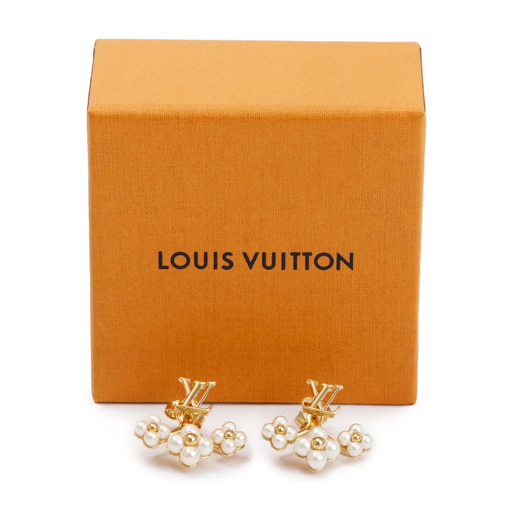 Louis Vuitton 2023 Gold-Plated White Bead LV Floragram Earrings w/ Box - Image 2